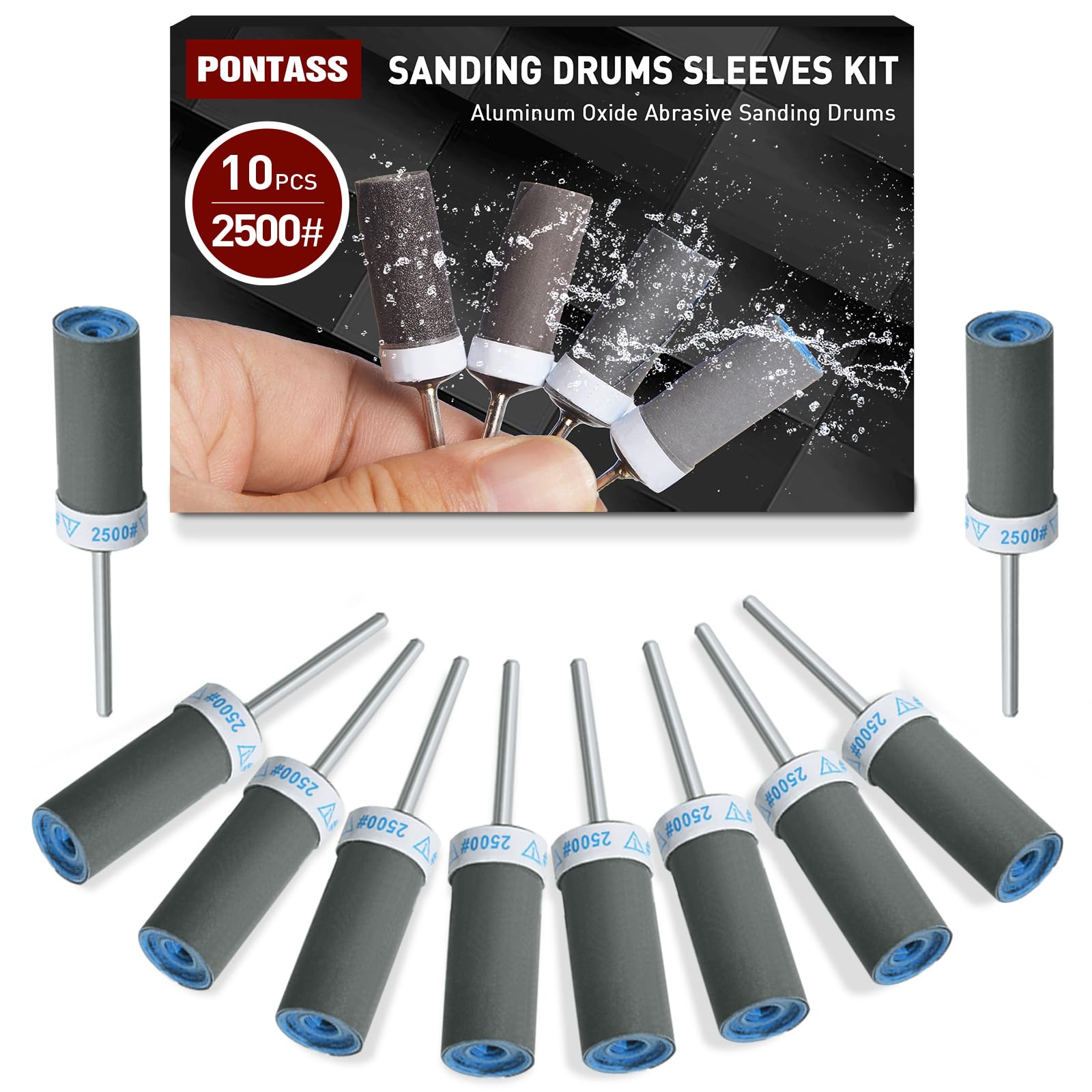 PONTASS 10Pcs Sanding Drums Sandpaper Sticks Set for Dremel Rotary Tool Accessories 2500 Grits Sanding Bits Kit with 1/8" Shank for Metal Rust Removal/Jade Polishing/Stone Grinding