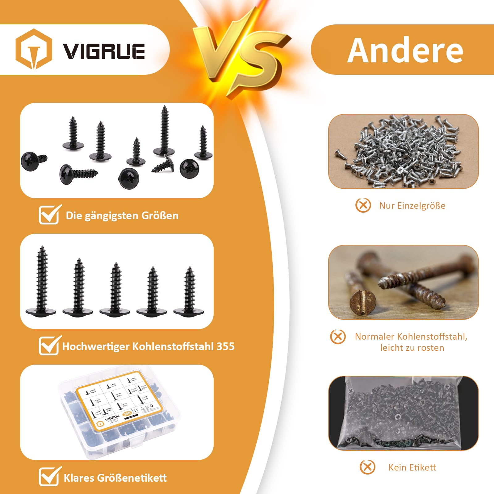 VIGRUE 300 Pieces Self-Tapping Phillips Self-Tapping Screws Flat Head Body Screws Drilling Screws Assortment Wood Screws Carbon Steel Screws Set - Image 3