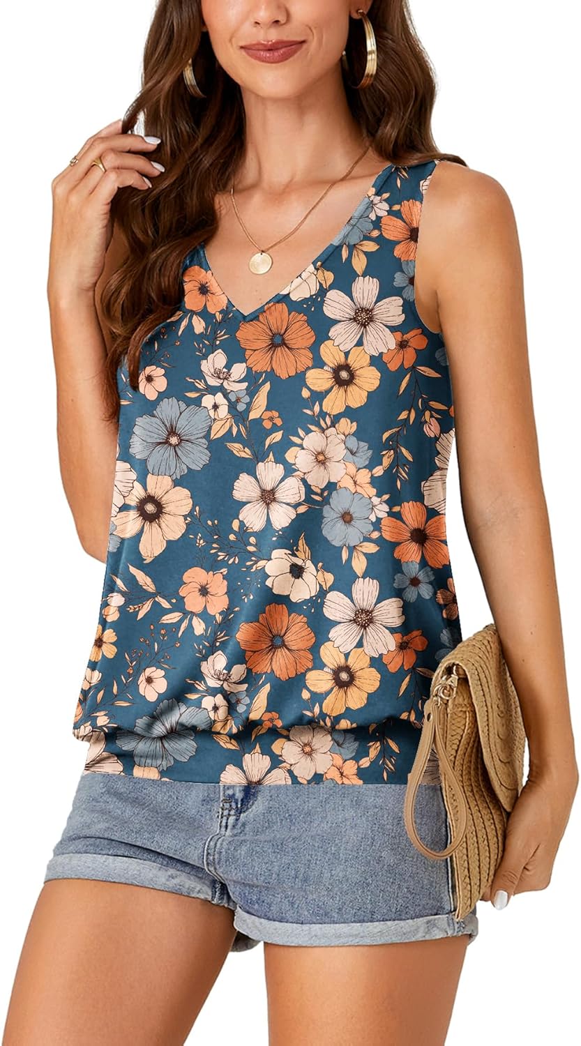 Umenlele Women’s Casual Banded Bottom Cami Shirt V Neck Sleeveless Loose Summer Tank Top Camisole