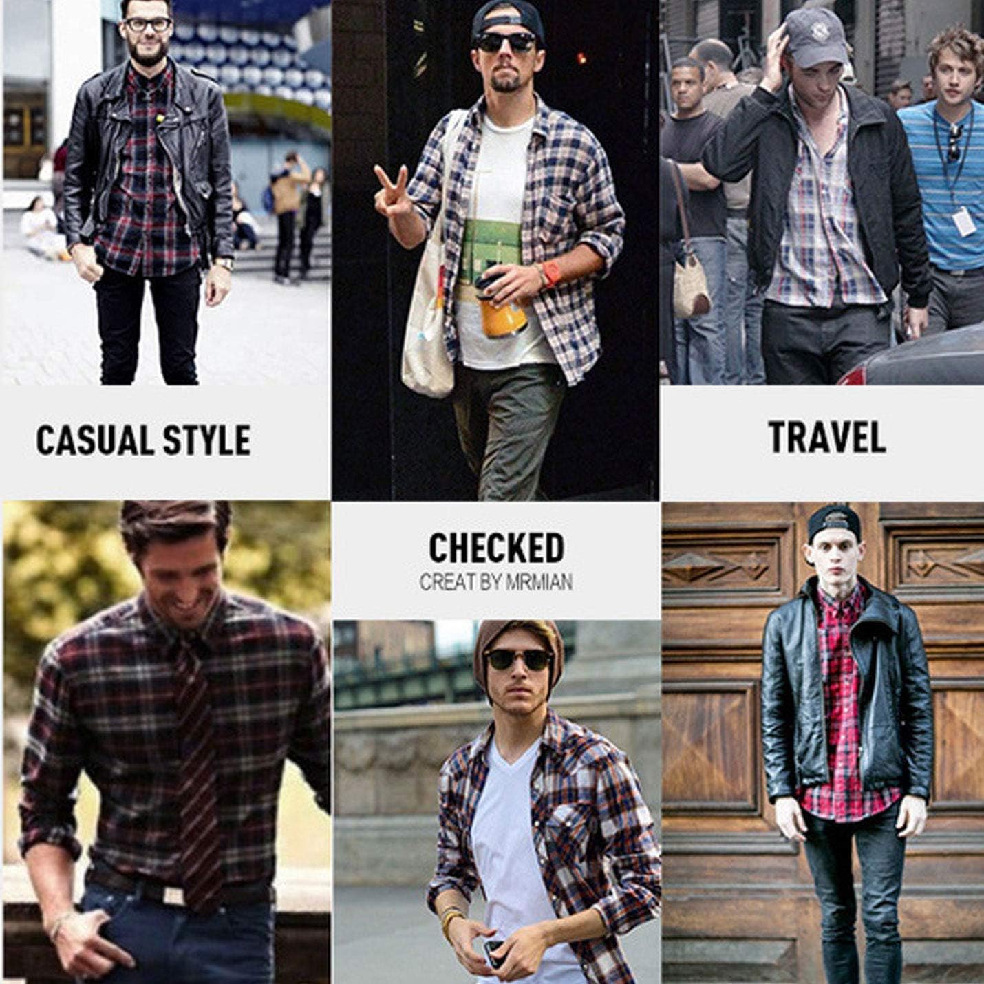 Flygo Men's Casual Slim Fit Long Sleeve Button Down Plaid Shirt