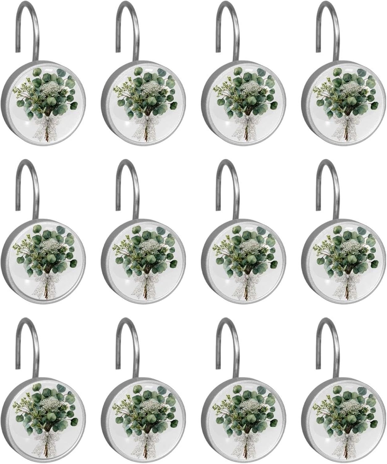 Eucalyptus gypsophila and Pistachio bran (1) Rolling Shower Curtain Hooks,Clear Crystal Glass Art Decorative Stainless Bath Bathroom Set 12 Pcs