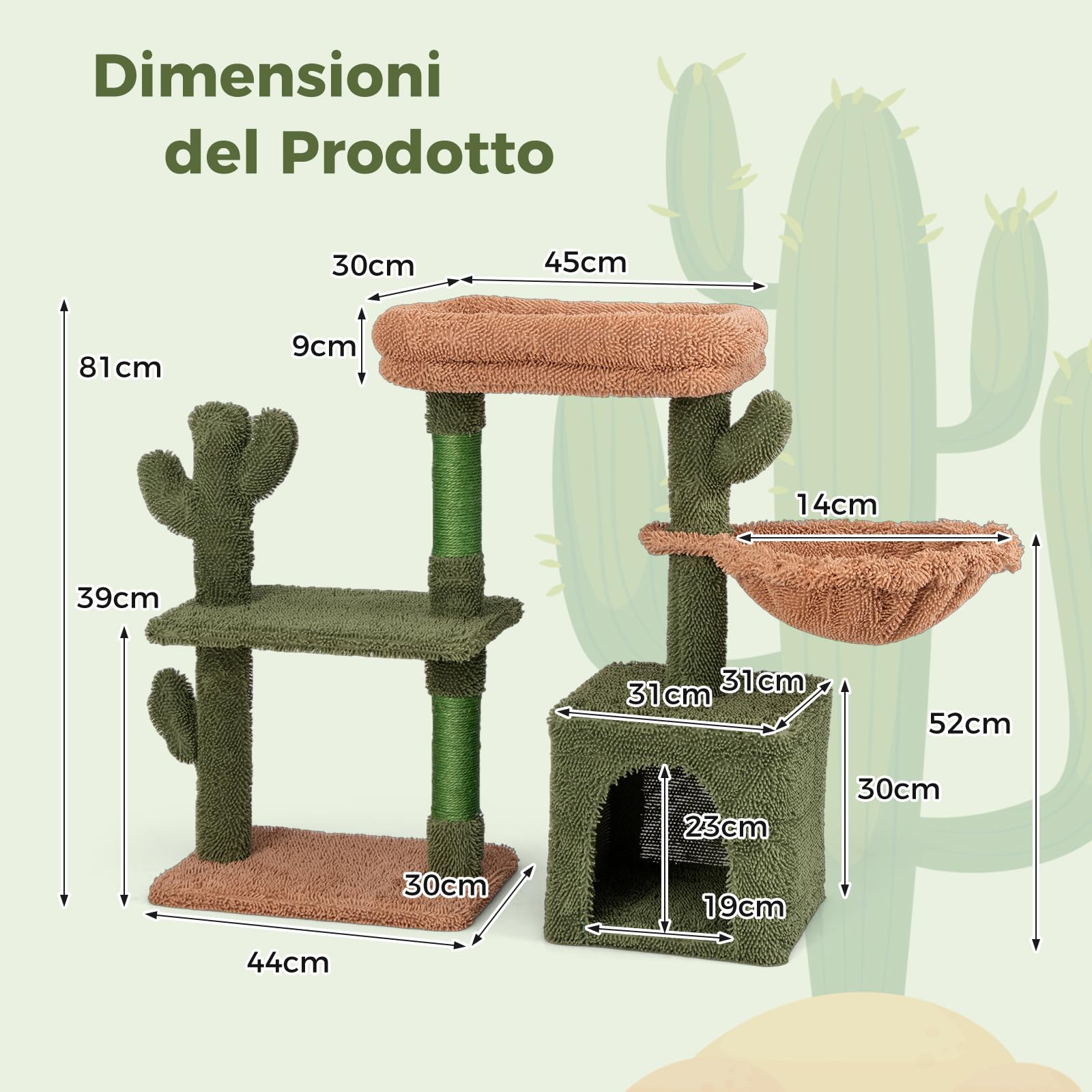 COSTWAY Tiragraffi per Gatti Moderno, Torre per Gatti Estetica a Forma di Cactus con Ripiano, Condo, Amaca, Posti per Graffi in Sisal e Cuscino Lavabile, Albero per Gatti Adulti e Cuccioli