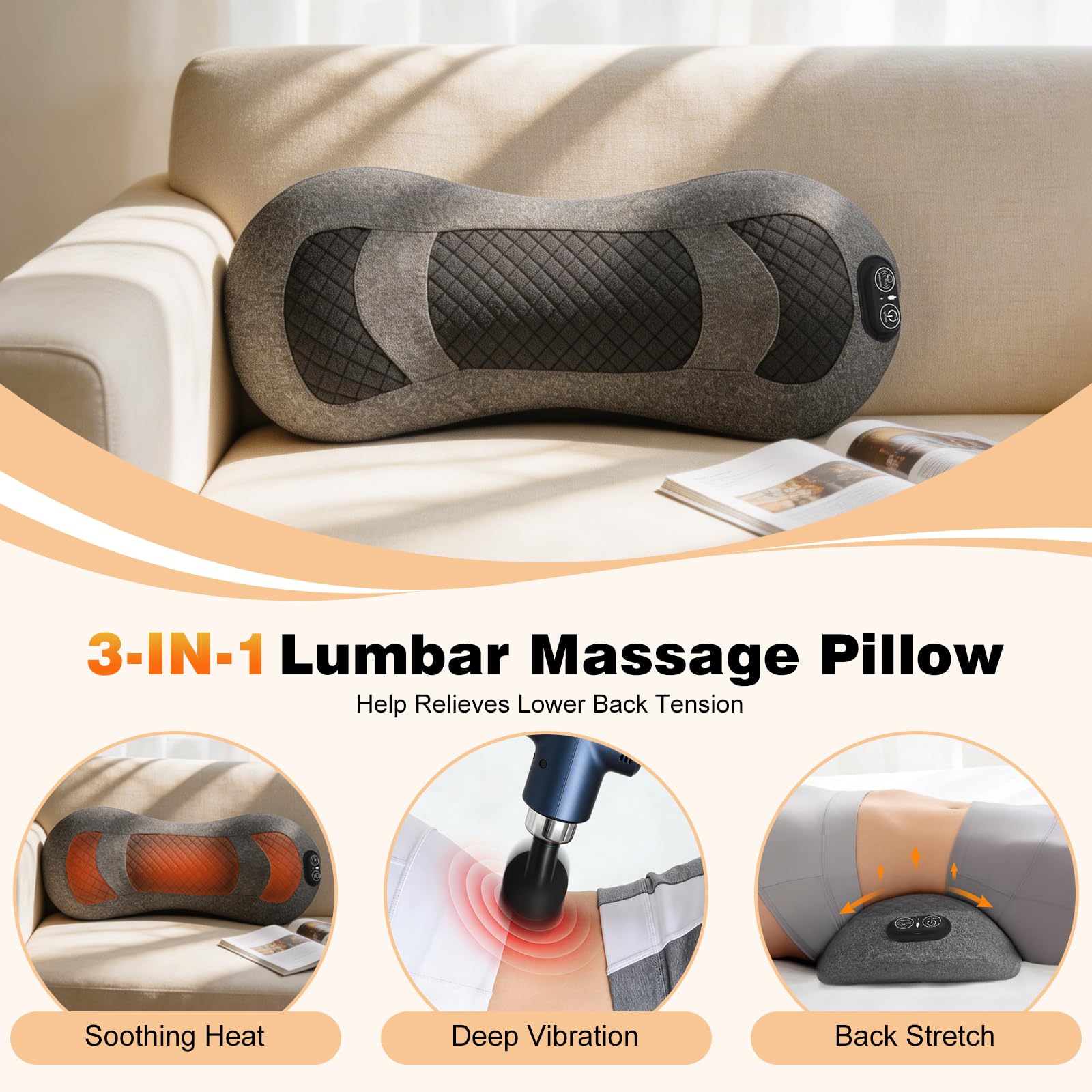 Massaggiatore lombare 3 in 1 senza fili, con calore, vibrazioni e trazione, sollievo da sciatica e dolore spinale, cuscino ergonomico di supporto lombare in memory foam per letto, sedia da ufficio