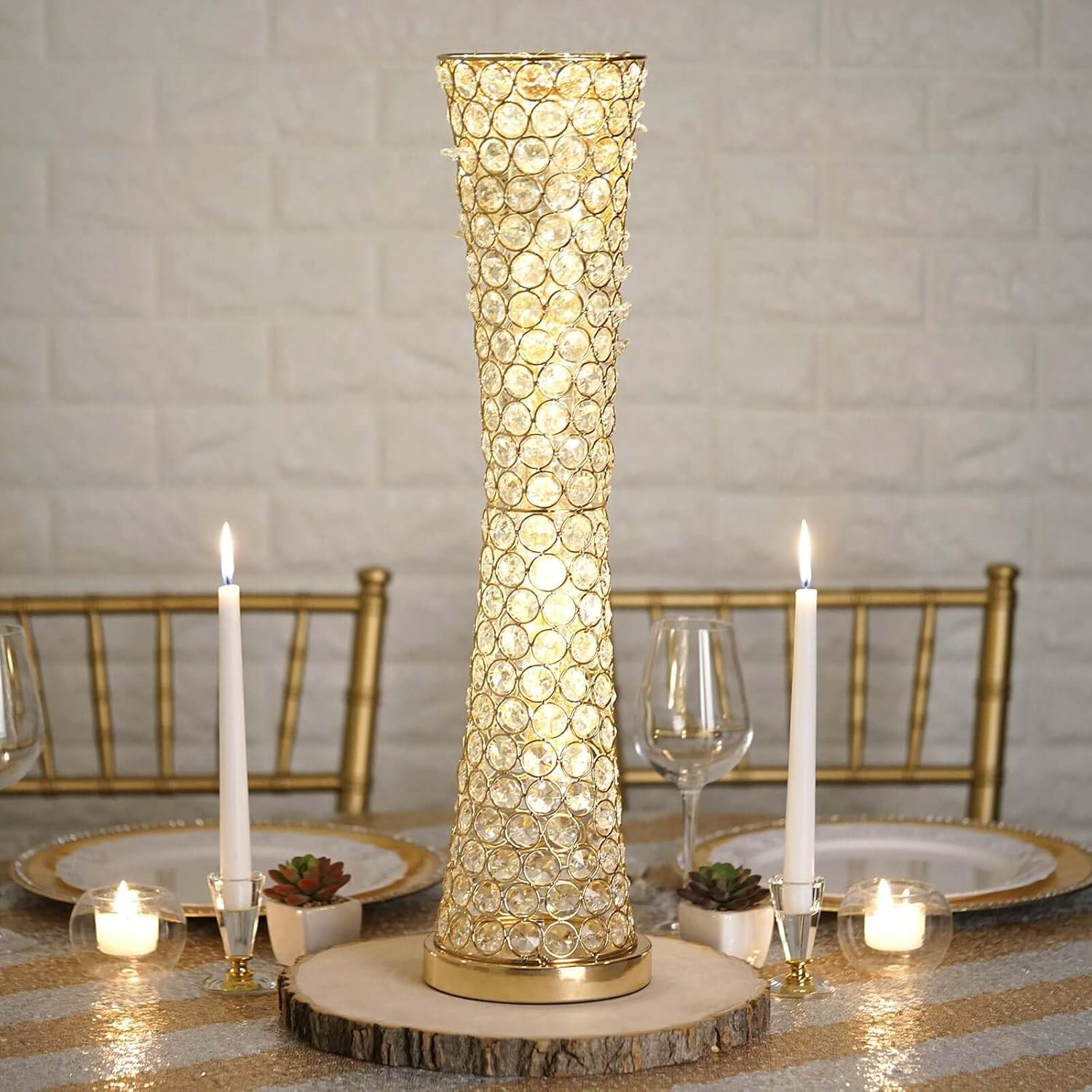 Efavormart 24" Metallic Gold and Crystal Beaded Hurricane Floral Vase Centerpiece