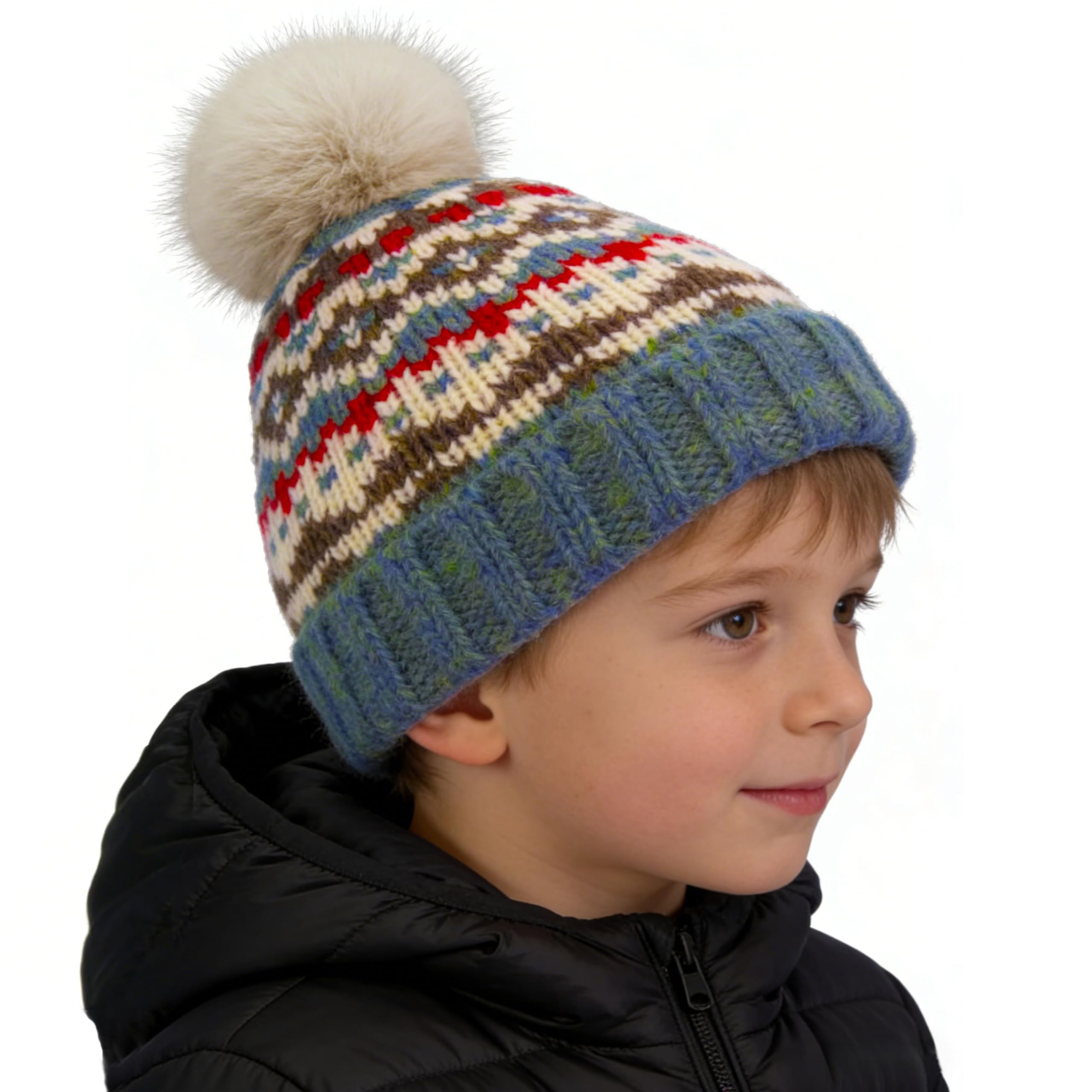 Kids Winter Beanie Hat - Fleece Lined Layer Chunky Knit Pom-Pom Stocking Cap for 3-12 Years Boys Girls Cold Weather