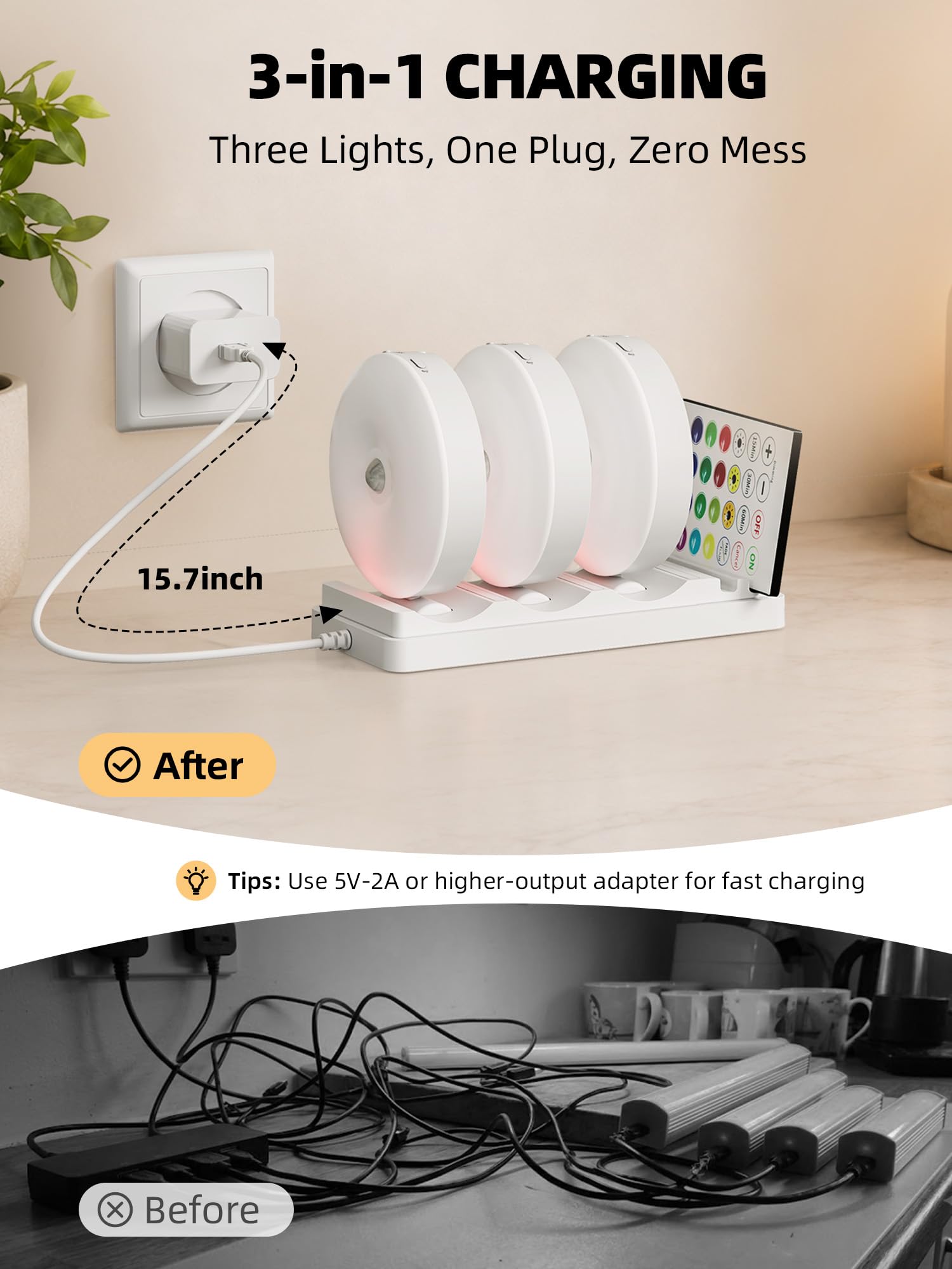 EZVALO Illuminazione sotto armadio con stazione di ricarica, luci a disco ricaricabili da 1000 mAh con telecomando, 3 temperature di colore e 12 luci RGB per armadio, luci dimmerabili con sensore di