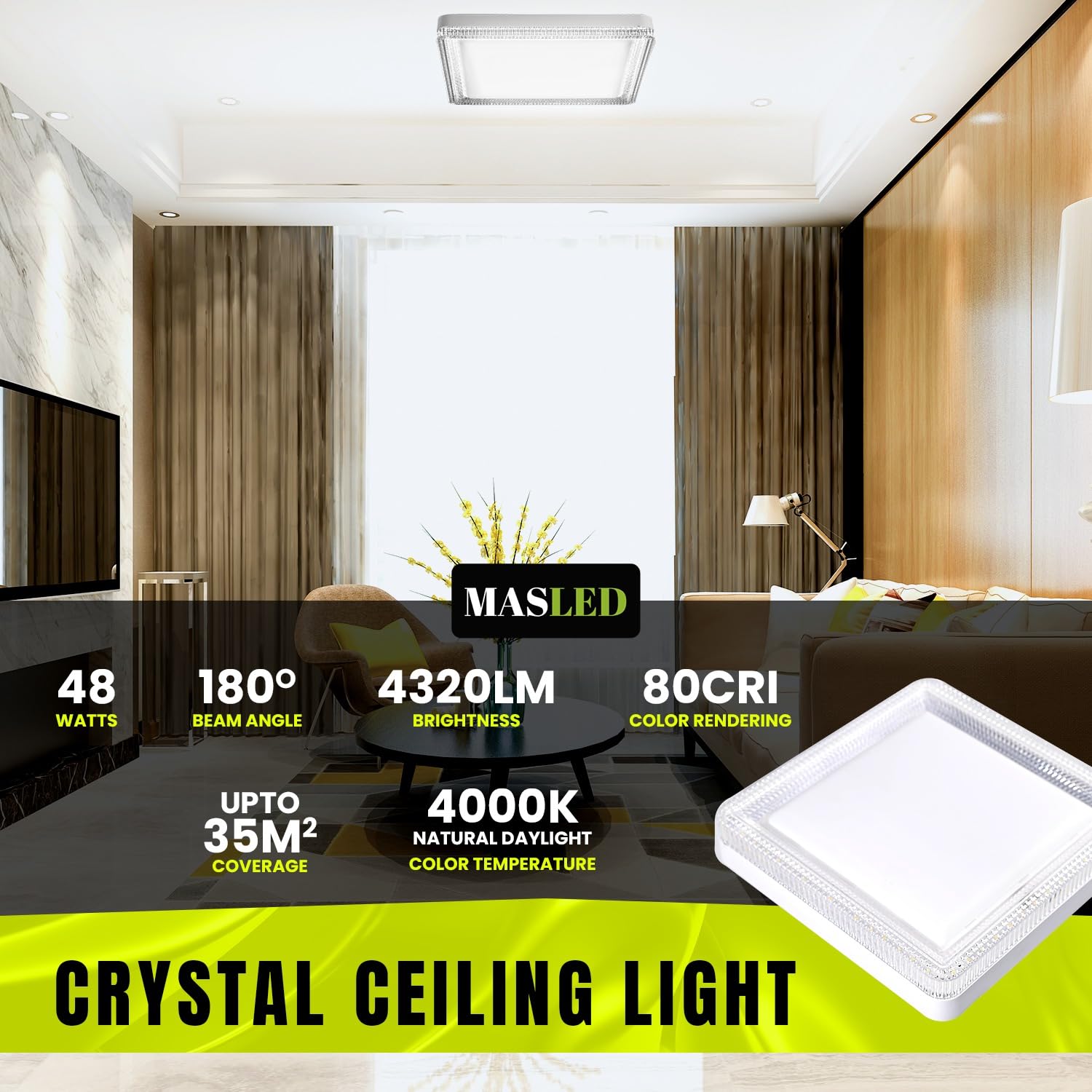 ONEGlobal MASLED 48W LED Square Ceiling Light with Crystal Lampshade - Image 3