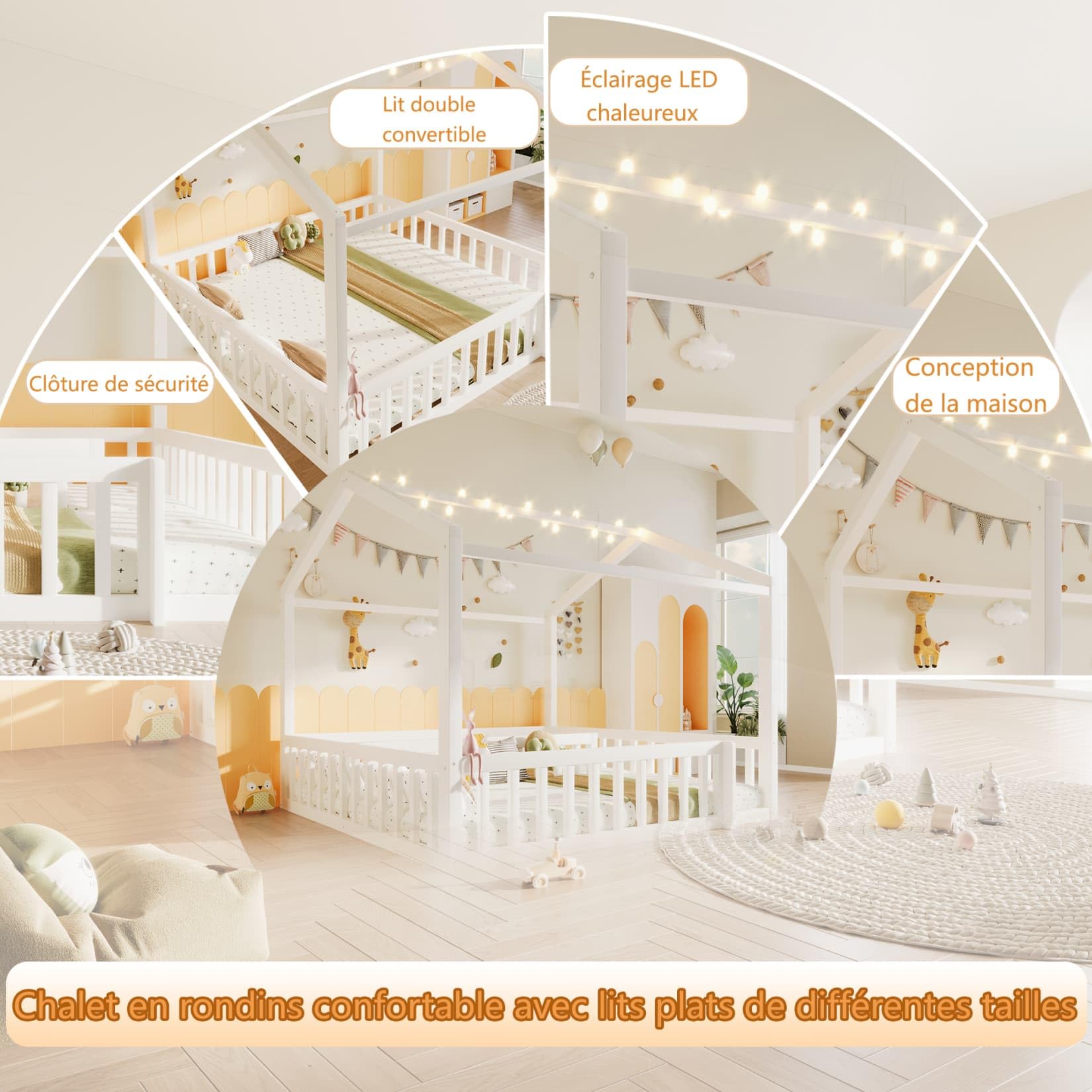 Lit Cabane 90x190cm*2/180x190cm en Pin,Lit au Sol Montessori 2 Places avec Éclairage LED,Barrières Hautes,Sommier à Lattes Robuste,pour Garçons Filles(Blanc 2, 90x190)