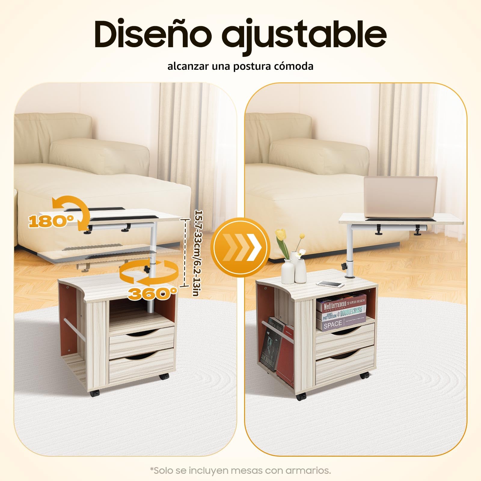 Comodino con altezza regolabile, 50 x 40 x 70-90 cm, comodino con cassetti e ripiani aperti, tavolino mobile con ruote, per camera da letto, soggiorno
