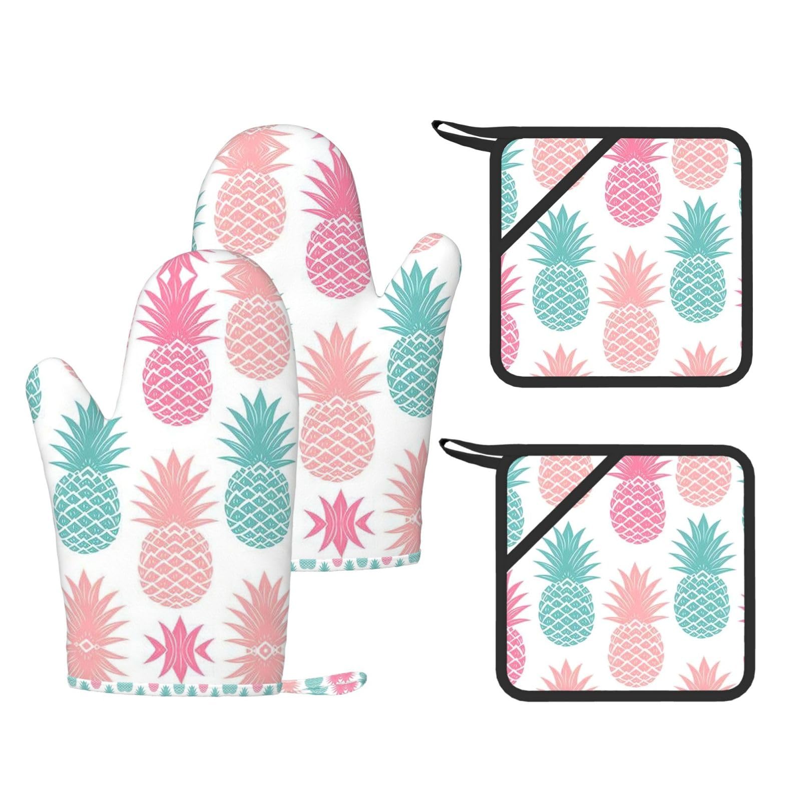 Colored pineapple Printed Pot Holders and Oven Mitts 4-Piece, Non-Slip Kitchen Gloves with Utensil Pocket for BBQ