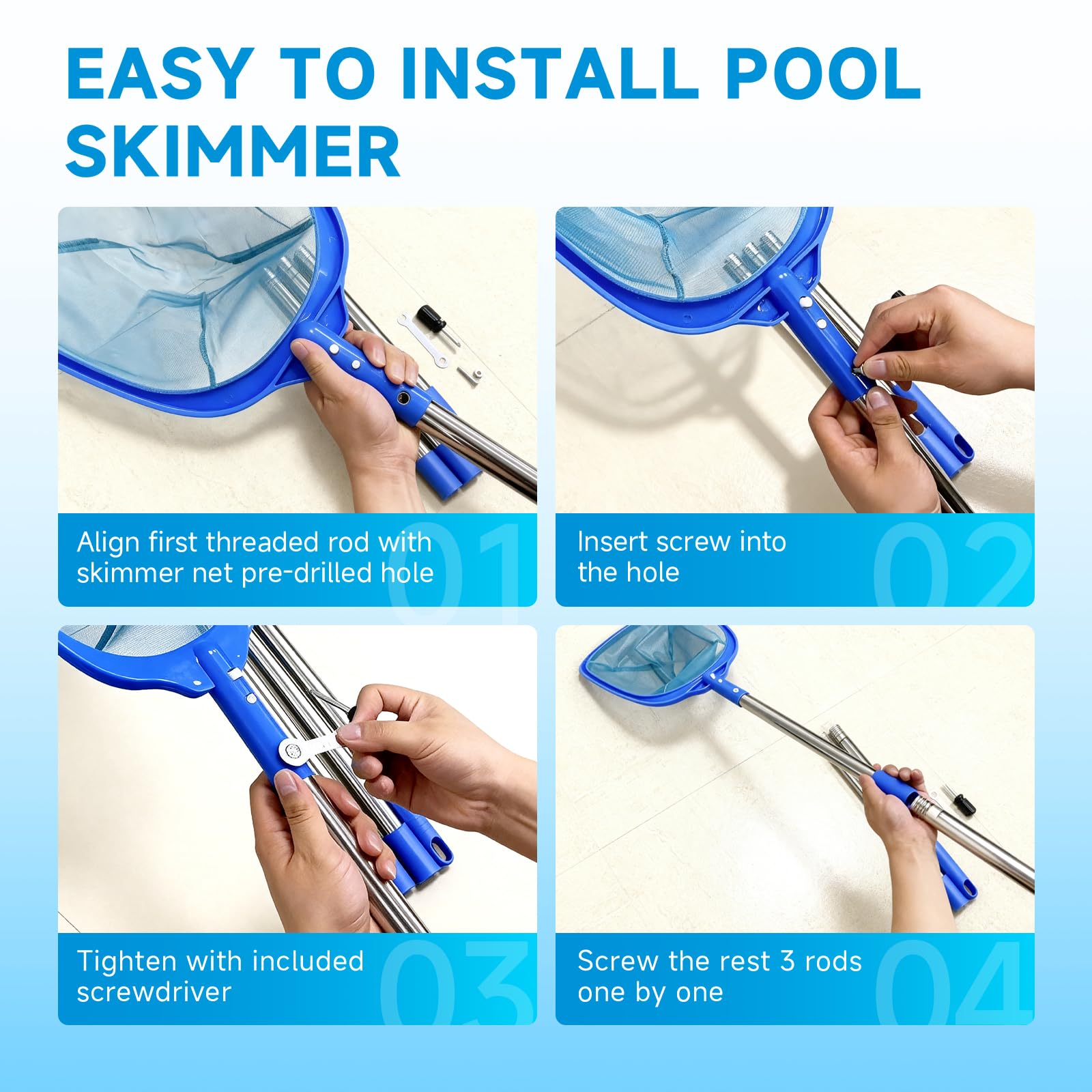 Pool Kescher Teichkescher 185cm Teleskopstange, Pool Reinigung Set mit Skimmer Reinigungsbürste Handtuch, Kescher Teich Zubehör für Schwimmbad Teich Planschbecken Aquarium