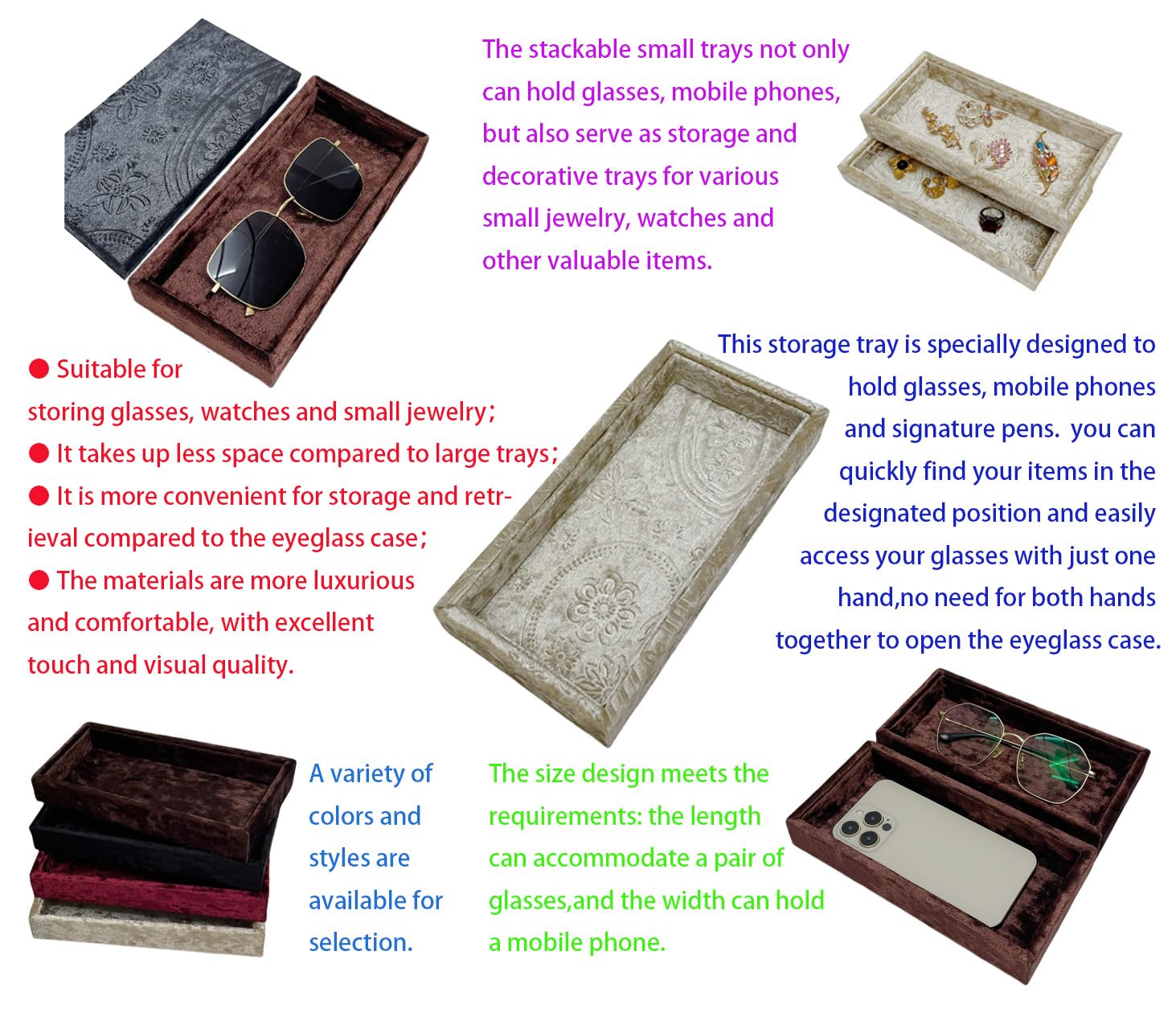 AgentMoon Juego de 2 organizadores individuales de lujo para gafas de sol o bandeja de joyas, forro de terciopelo en relieve o tabby, mesita de noche, escritorio, bandeja de almacenamiento de