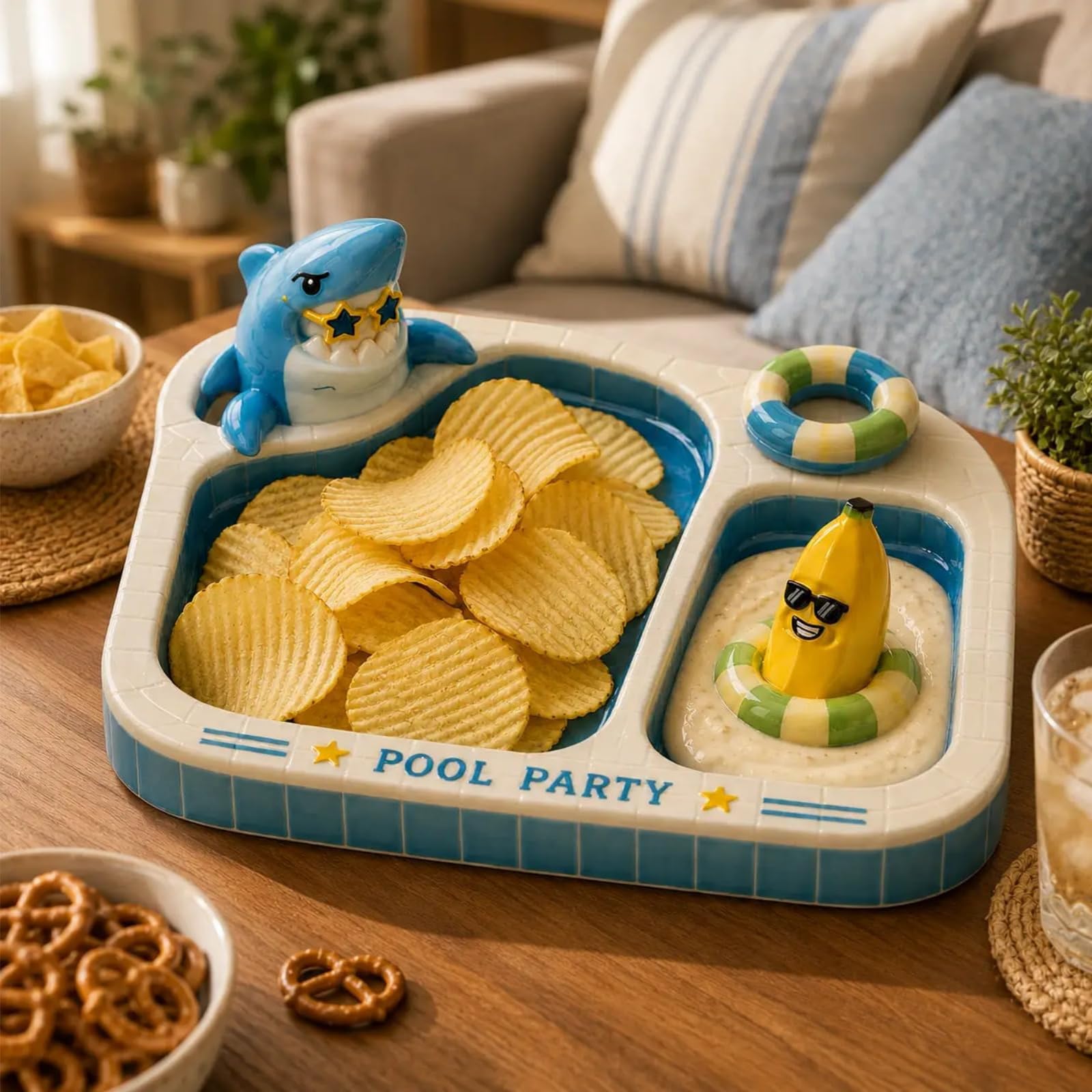 Generico Vassoio per patatine e salse per feste in piscina con squalo e banana, divertente piatto da portata per snack in ceramica con ciotola per salse, per decorazioni per riunioni estive (1pcs)