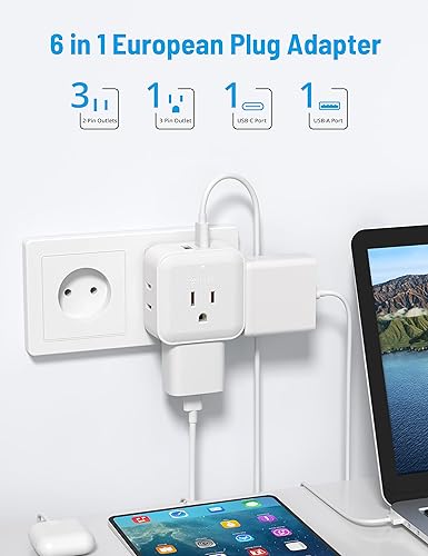 Miniatura 2 de TROND Adaptador de enchufe de viaje europeo, paquete de 2  Enchufe de alimentación internacional con 4 tomas, 2 puertos USB (1 USB C), convertidor