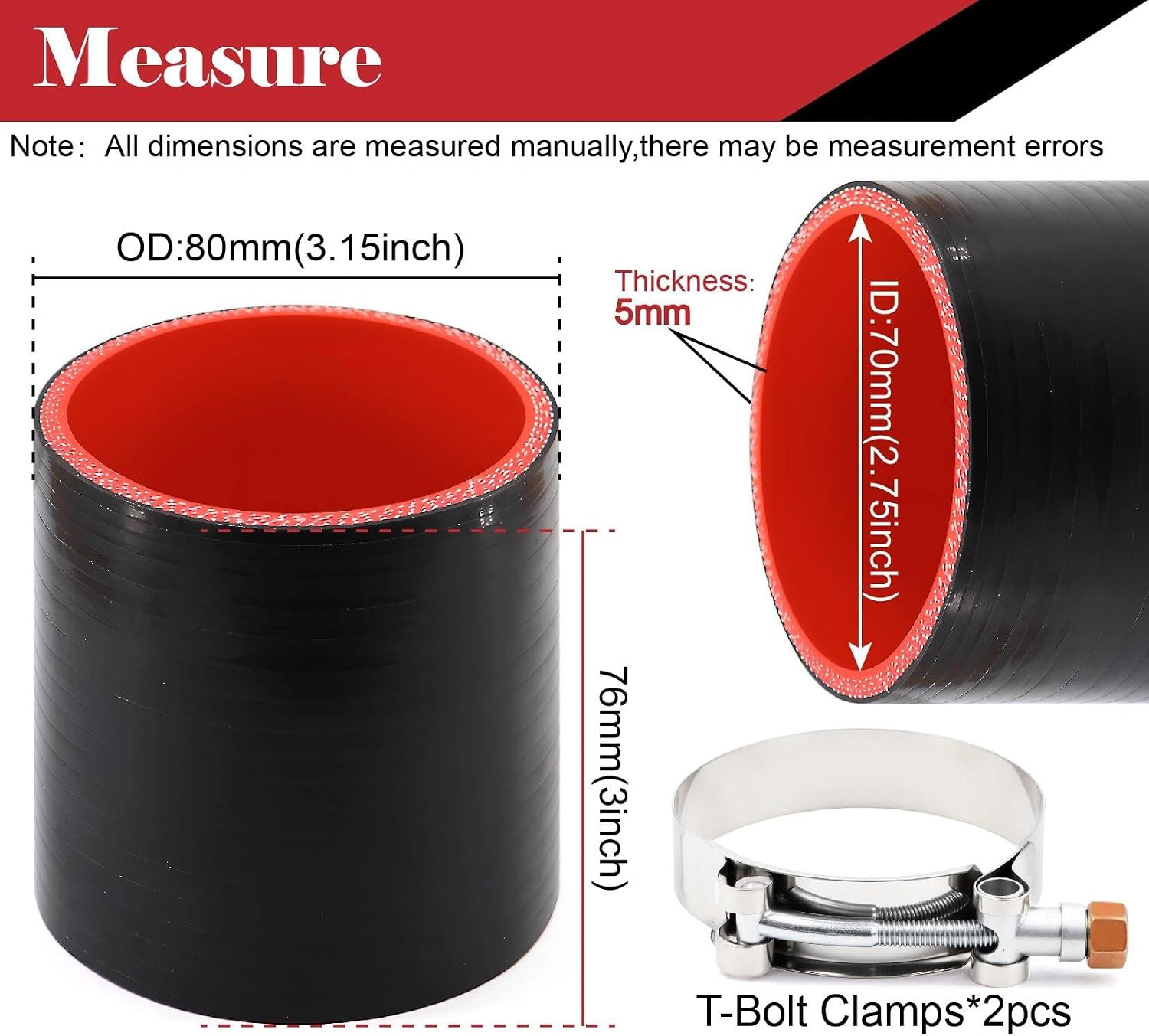 2.75 inch Silicone Hose Coupler 2-3/4 in(70mm) Straight Reinforced High Temp Intake Intercooler Coupler for Turbo/Radiator/Exaust, Leg Length 3inch 4-ply with 2PCS Clamps