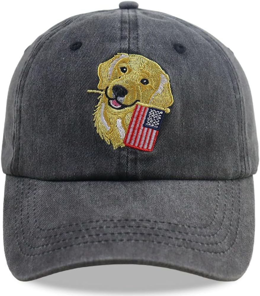 Dog American USA Flag Hats for Men Women, Adjustable Embroidered Cotton Funny Animal Baseball Cap
