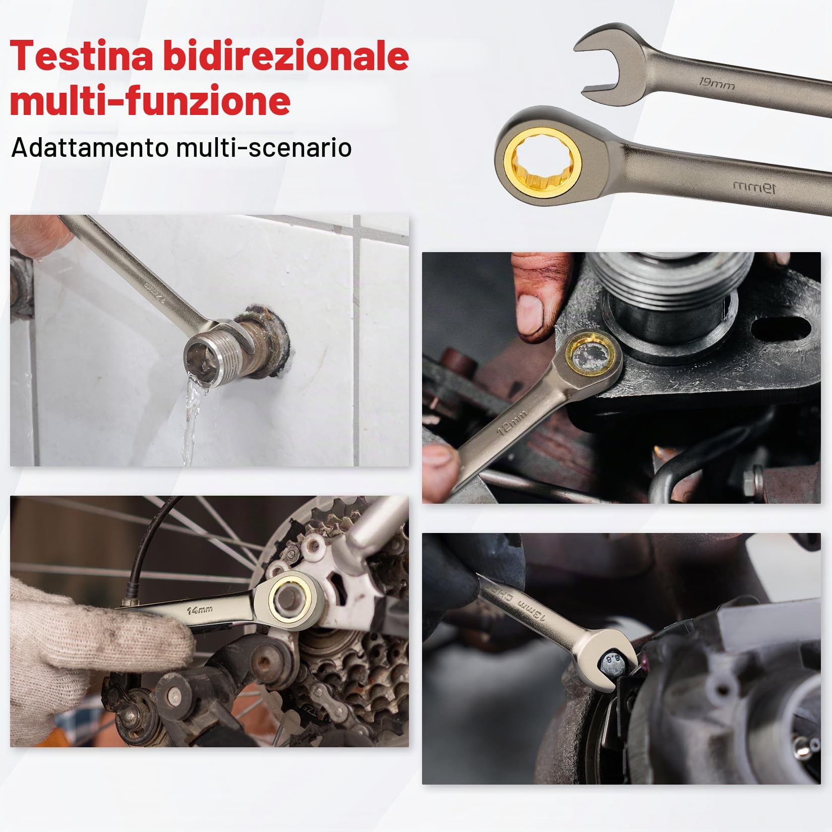 Shall Set di chiavi a cricchetto da 9 pezzi da 8-19 mm (8, 10, 11, 12, 13, 14, 15, 17, 19 mm), chiavi combinate a 72 denti, acciaio al cromo vanadio con finitura antiruggine e custodia per
