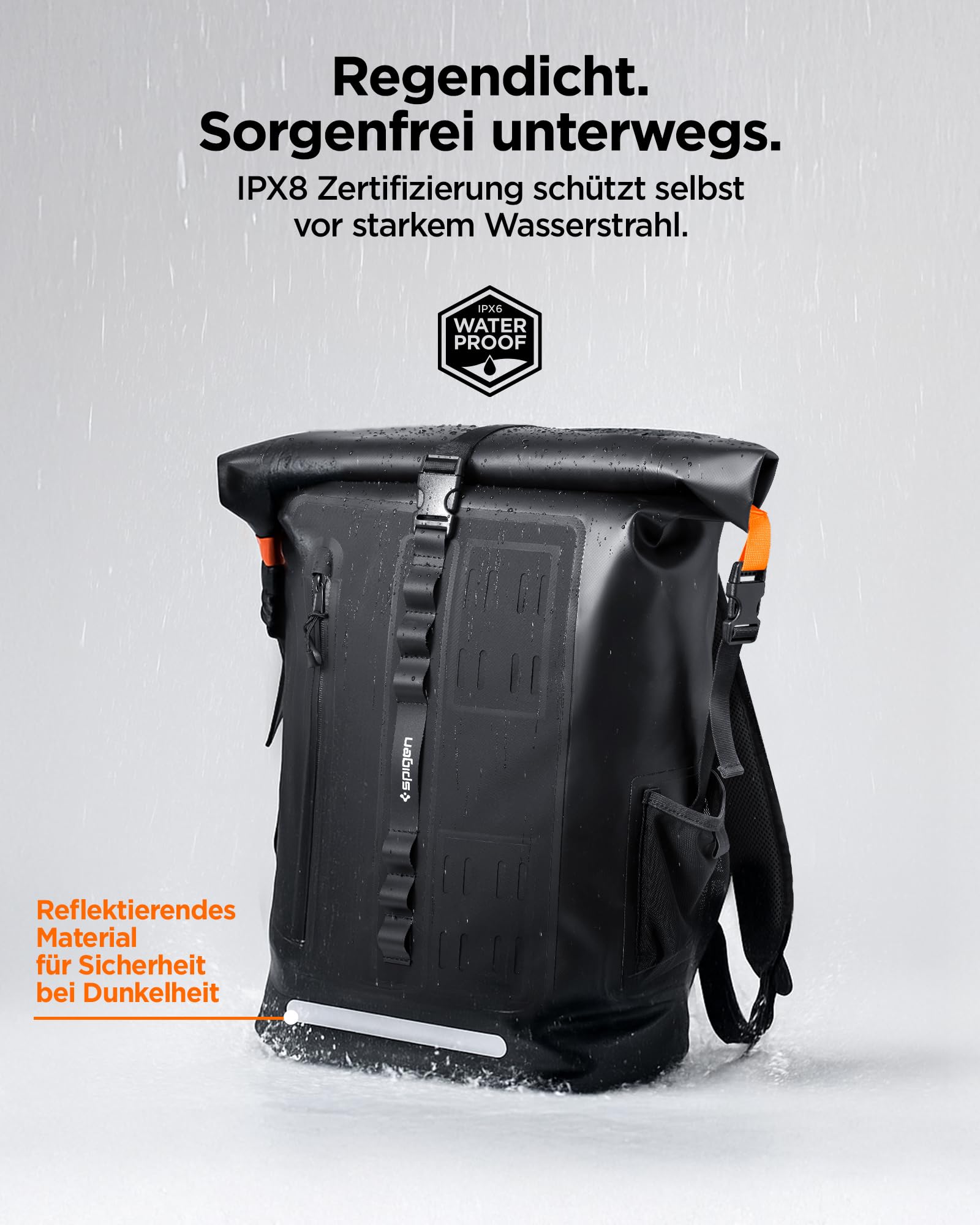 Spigen Wasserdichter Rucksack Rolltop für Damen Herren [Aquashield] Laptoprucksack bis 16", IPX6 Schutzklasse, Belüftetes Rückenteil, Wasserfester Daypack für Reisen, Outdoor & Camping – Schwarz