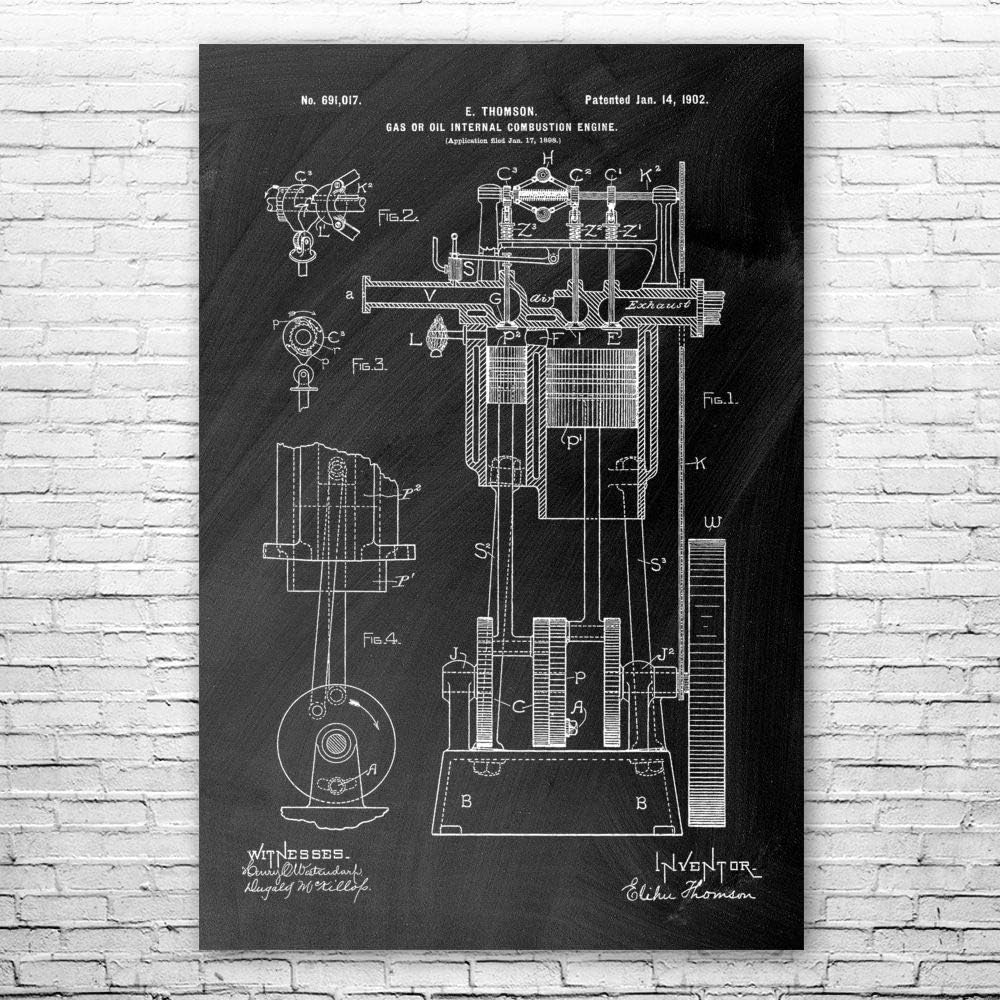 Gas or Oil ICE Engine Poster Print, Gearhead Gifts, Mechanical Engineer, Engineering Gift, Steam Punk Decor Vintage Paper (24 inch x 36 inch)