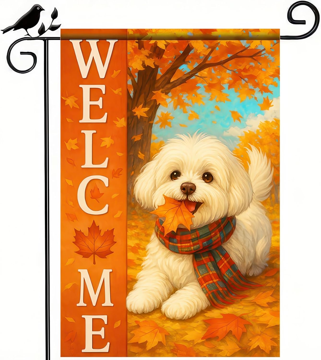 Thanksgiving Fall Garden Flag 12x18 Inch Welcome Bichon Frise Dog Outdoor Flag Double Sided Autumn Puppy Yard Banner with Plaid Scarf and Leaves Decor for Porch Lawn Patio