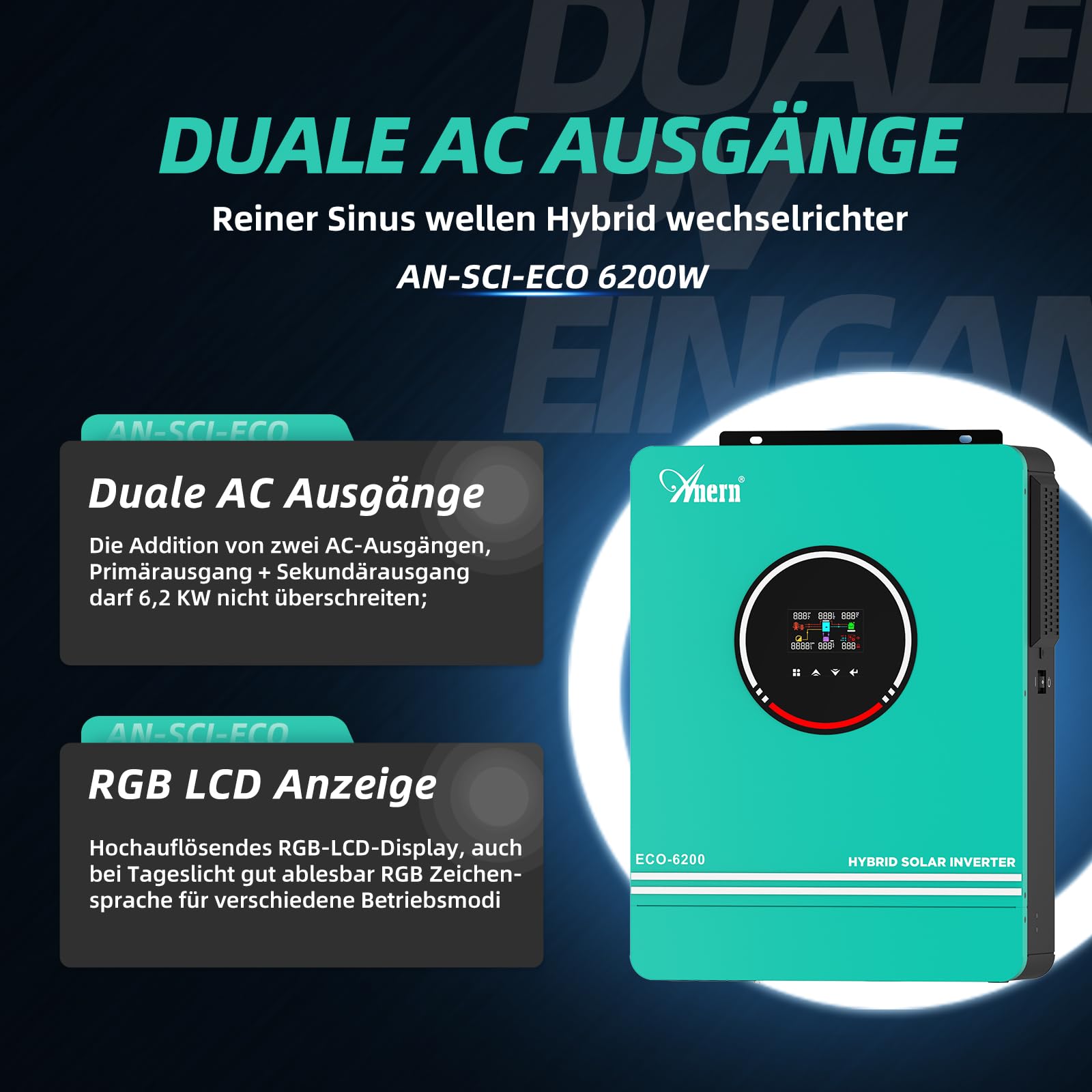 Anern 6200W Hybrid-Wechselrichter – DC 48V Zu AC 220/230V, Off-Grid, PV 60–500V, Inkl. WiFi-Modul