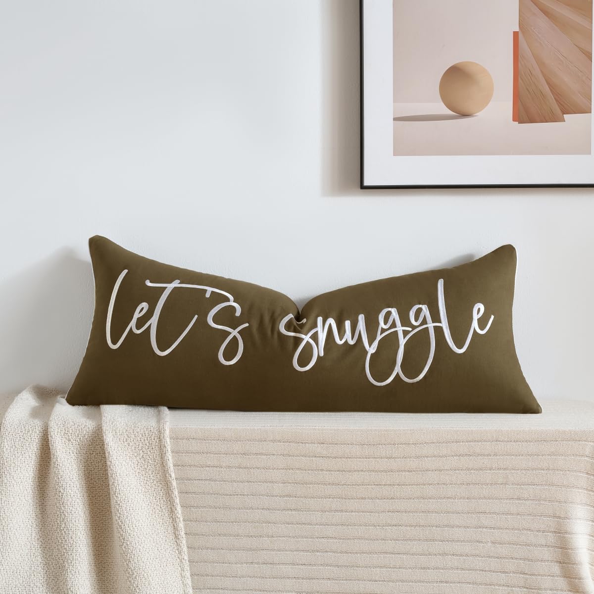 Sunkifover Let's Snuggle Decorative Lumbar Pillow Cover - 14x36 Inch Brown and White Cotton Embroidery Throw Pillowcase for Bed, Bedroom, Living Room, Home Decor