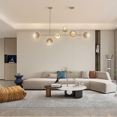 Miniatura 4 de OUKANING Candelabro moderno para comedor con pantalla de vidrio de 6 luces, lámpara colgante de mediados de siglo para cocina, isla de estar,