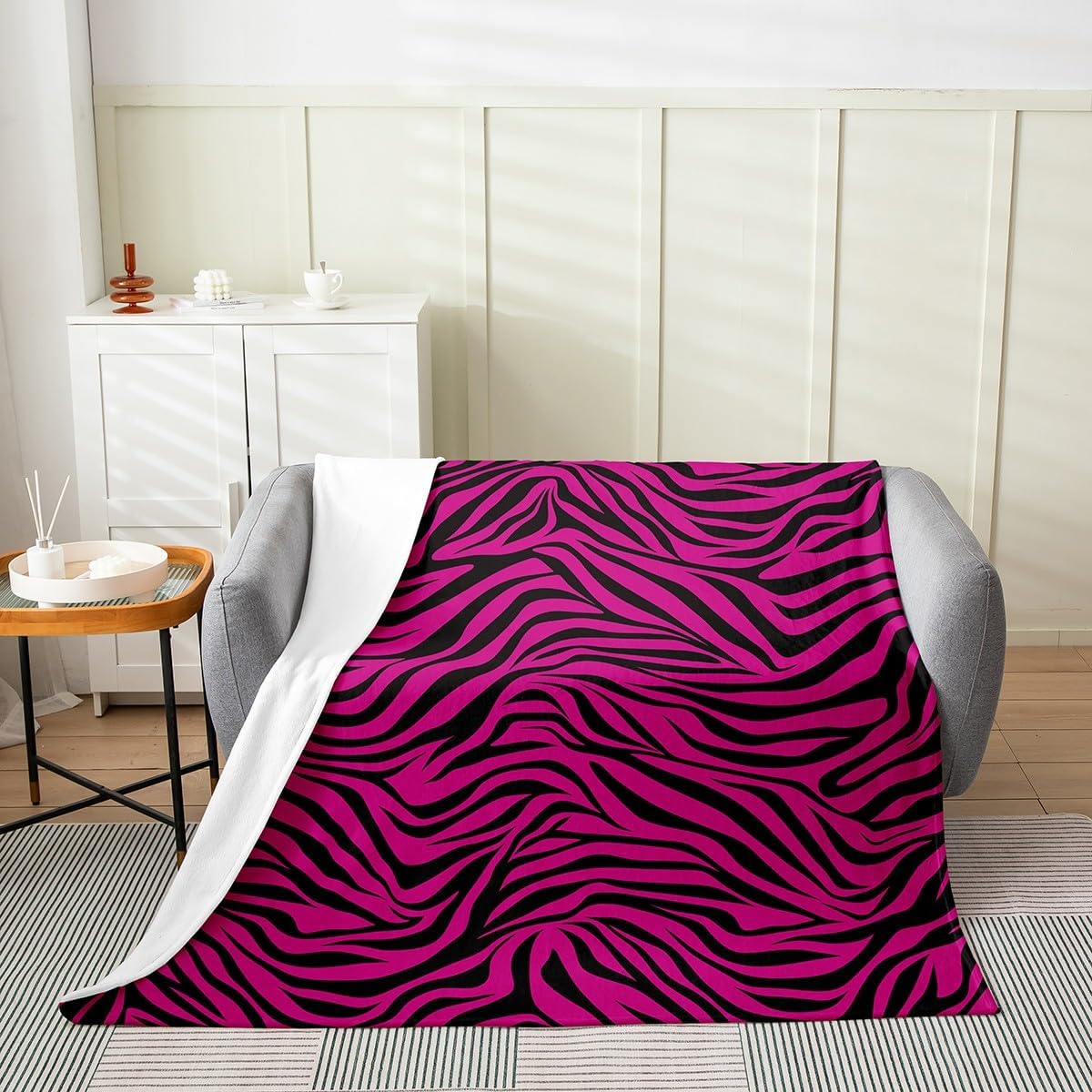 Zebras Skin Flannel Blanket for Boys Girls Kids Super Soft Warm Black Pink Stripes Fleece Blanket Zoo Animal Fur Throw Blankets Zebra Bed Blanket Gifts for Teens Women(Queen 90"x90")