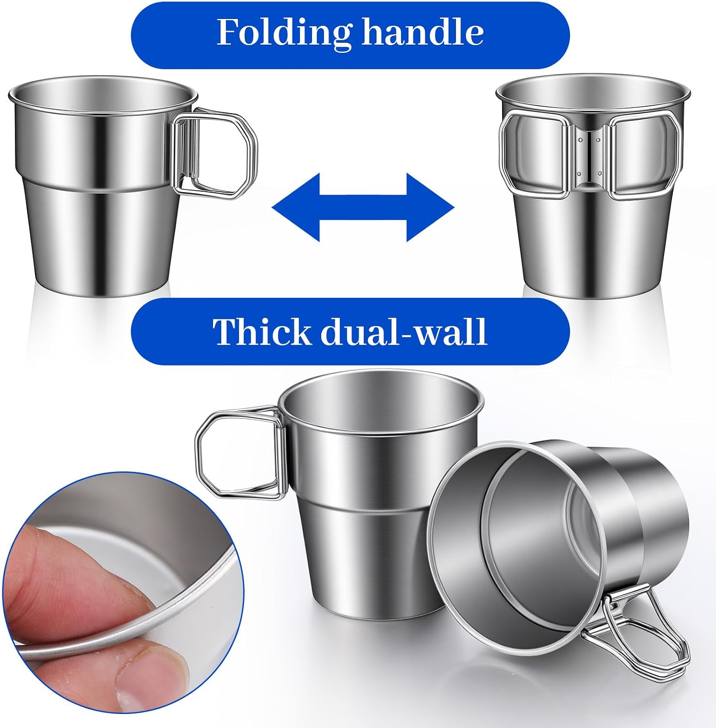 8 Pack Stainless Steel Camping Cups with Foldable Handle, Double Wall Insulated 10 oz Metal Mugs for Hot & Cold Drinks, Outdoor Travel, Home, Office, and Adventure Use