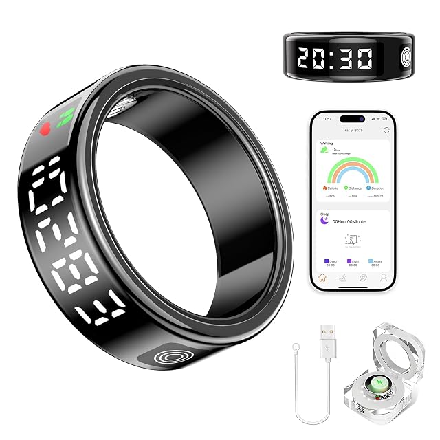 Domhong Smart Ring Health Tracker for Women Men - IP68 Waterproof Fitness Rings with LED Screen Heart Rate