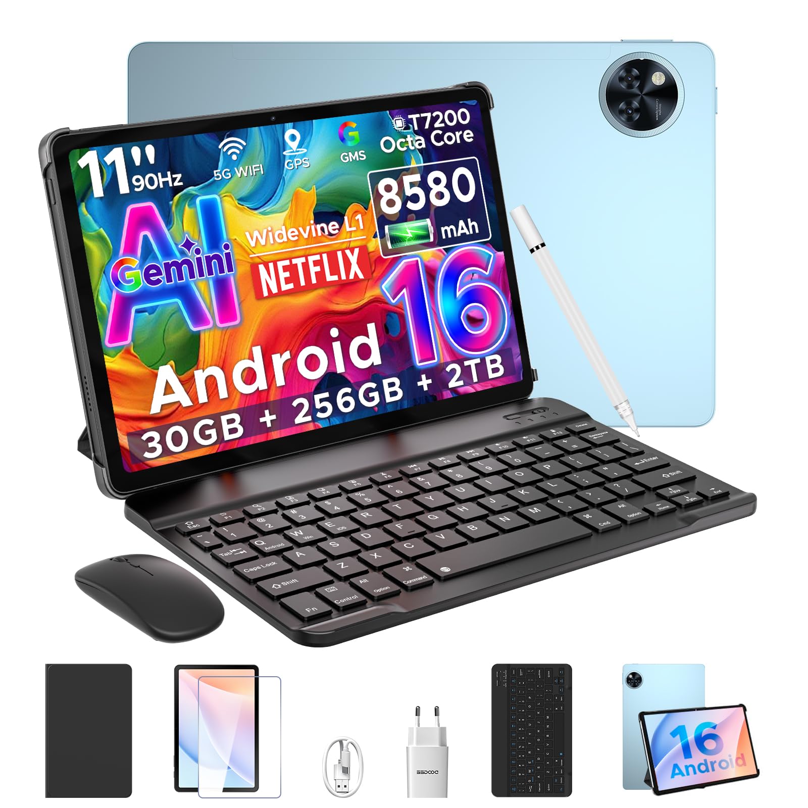 U11 Pro Tablet Android 16, 30GB RAM+256GB ROM+2TB TF, Batería 8580mAh Tablet con Teclado, Tablet 11 Pulgadas 90Hz HD IPS Tablets, Widevine L1, Gemini AI, Cámara 13MP+5MP/5G WiFi/3.5mm Audio/GPS