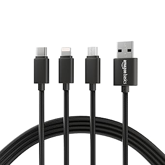 amazon basics 3-in-1 USB Charging Cable | Multipurpose Cord Type C | Lightning & Micro USB Cable | For iPhone, Smartphones & Other Devices | 1.25 Meter (Black)