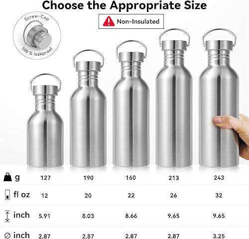 Miniatura 2 de Volhoply Botella de agua de una sola pared de acero inoxidable de 12 onzas con asa, apta para lavavajillas, sin plástico, botellas de agua de metal