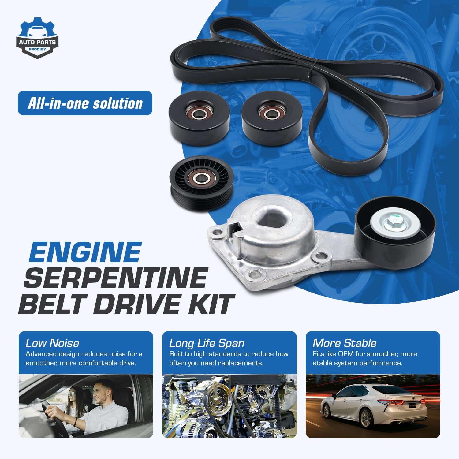 Serpentine Belt Drive Kit w/Tensioner & Idler Pulleys Compatible with Ford Expedition 09‑14, Explorer 06‑10, F‑150 & Navigator V8 4.6 5.4L