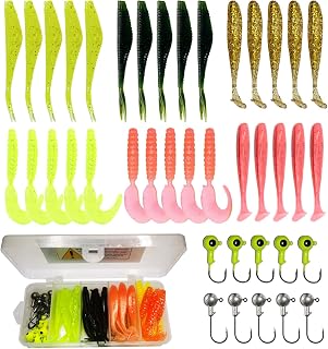 WOLFSKIN Fishing Lures Kit Soft Plastic Lure Set Curly Tail Swimbaits with jig Head Hooks Weights Paddle Tail Bait Worms Grubs for Crap Bass Trout Walleye Freshwater Saltwater