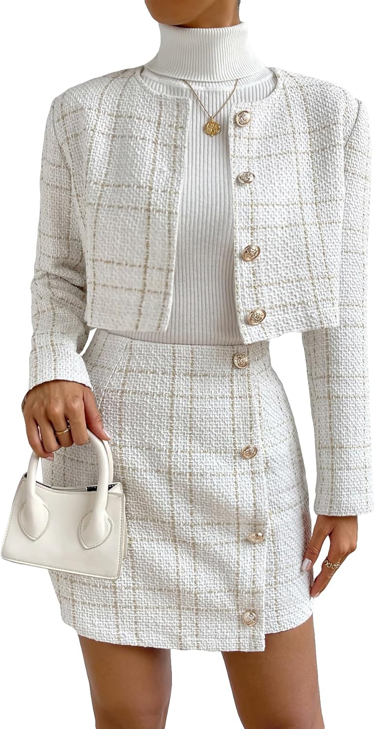 Floerns Women's 2 Piece Outfits Plaid Tweed Blazer Long Sleeve Jacket and Skirt Set