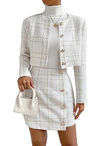 Floerns Women's 2 Piece Outfits Plaid Tweed Blazer Long Sleeve