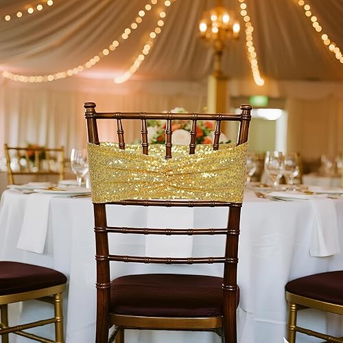 Miniatura 6 de Poise3EHome Bandas de lentejuelas doradas para sillas plegables con lazo para decoración de fiestas, bodas, recepciones, 10 unidades