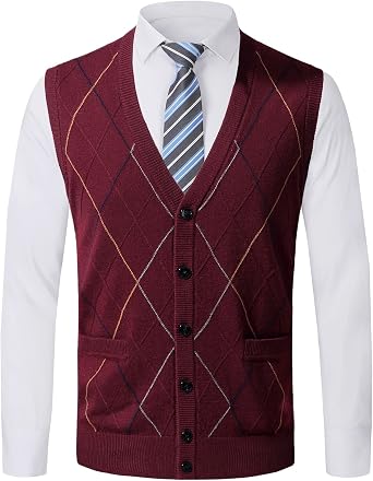 Mens Argyle V-Neck Sweater Vest Casual Knitwear Sleeveless Cardigans Classic Business Knitted Gilets Winter Warm Top