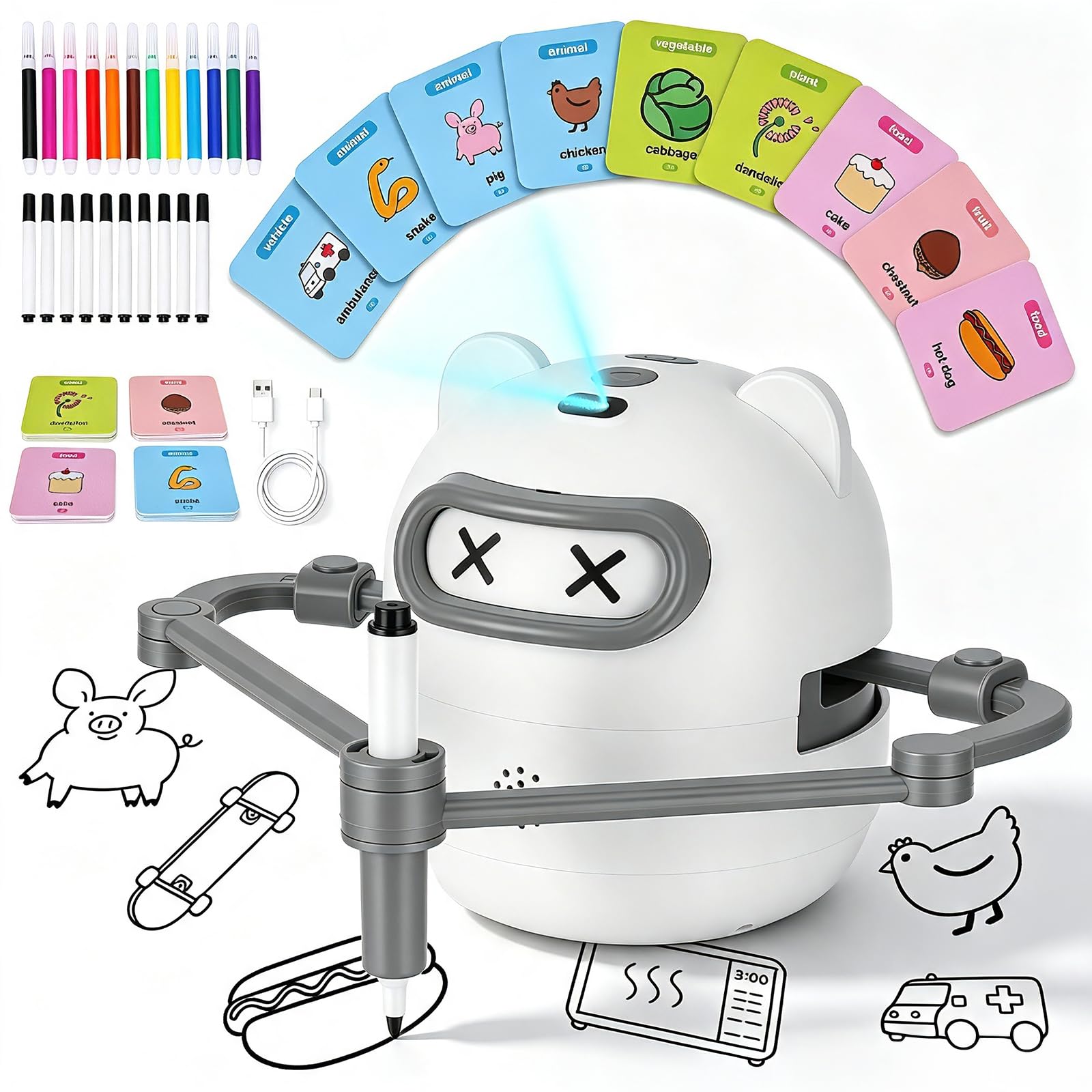 CaeliMuse Drawing Robot for Kids 3+, Educational Drawing Toy with 100 Double-Sided Cards, 200 Patterns, 10 Themes, Spelling, Reading & Music, 12 Colour Markers, Rechargeable Gift for Boys and Girls