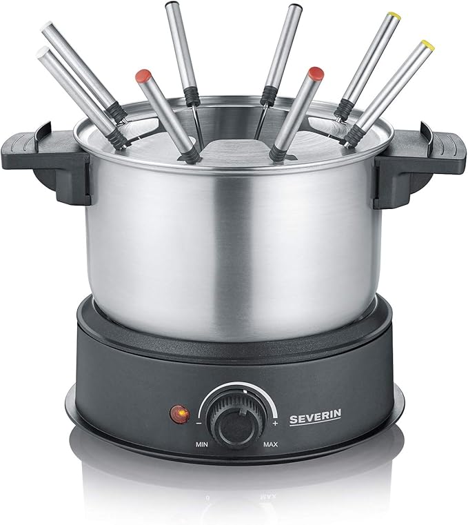Severin - Fondue con Olla de Acero Inoxidable extraíble Apta para lavavajillas, 1.5 W, 1.4 litros, Plástico/Acero Inoxidable, Negro FO 2470