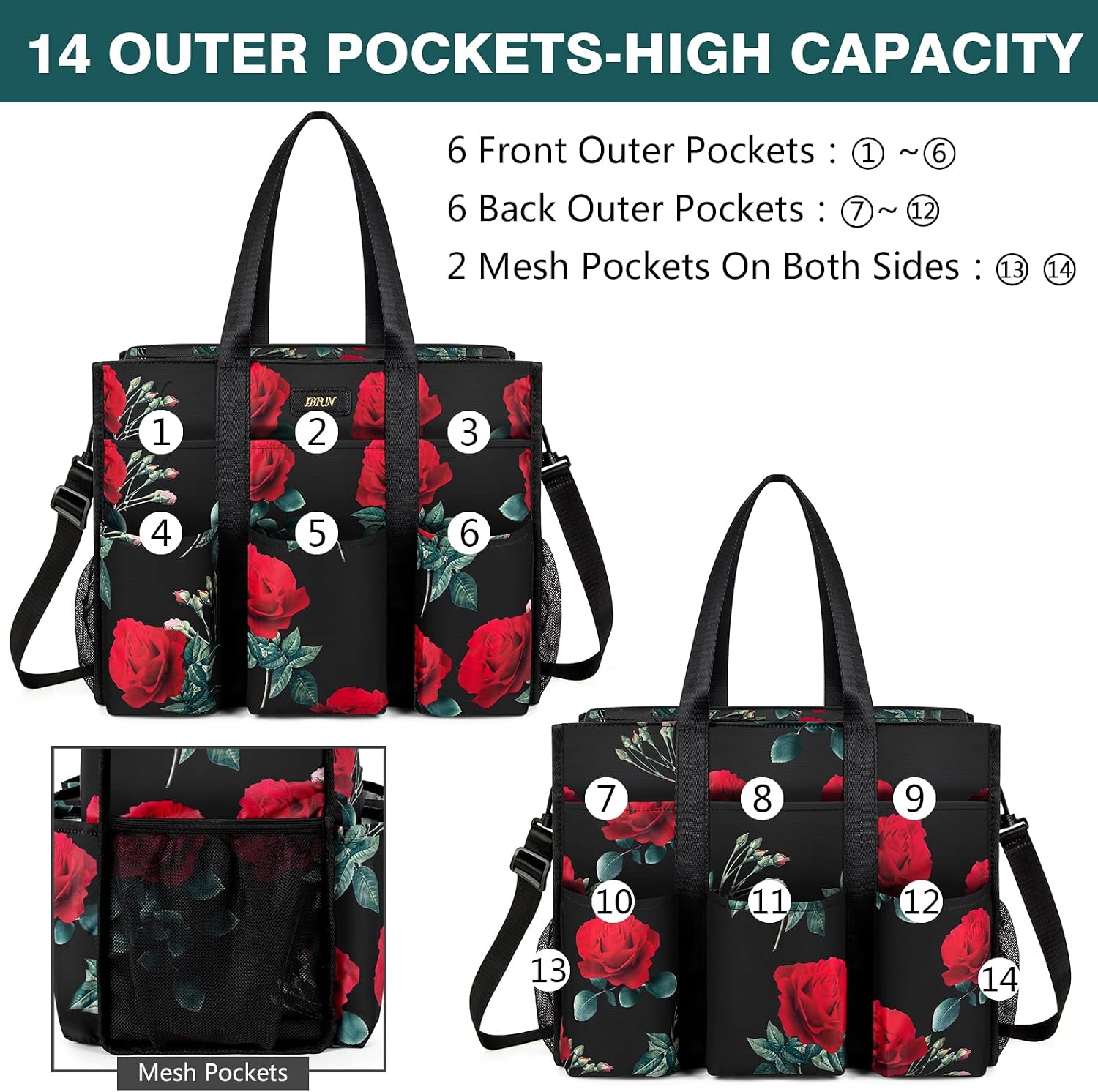 IBFUN Utility Tote Bag with 14/24 Pockets Zip Top Teacher Tote Bag for Teacher/Student/Work Women