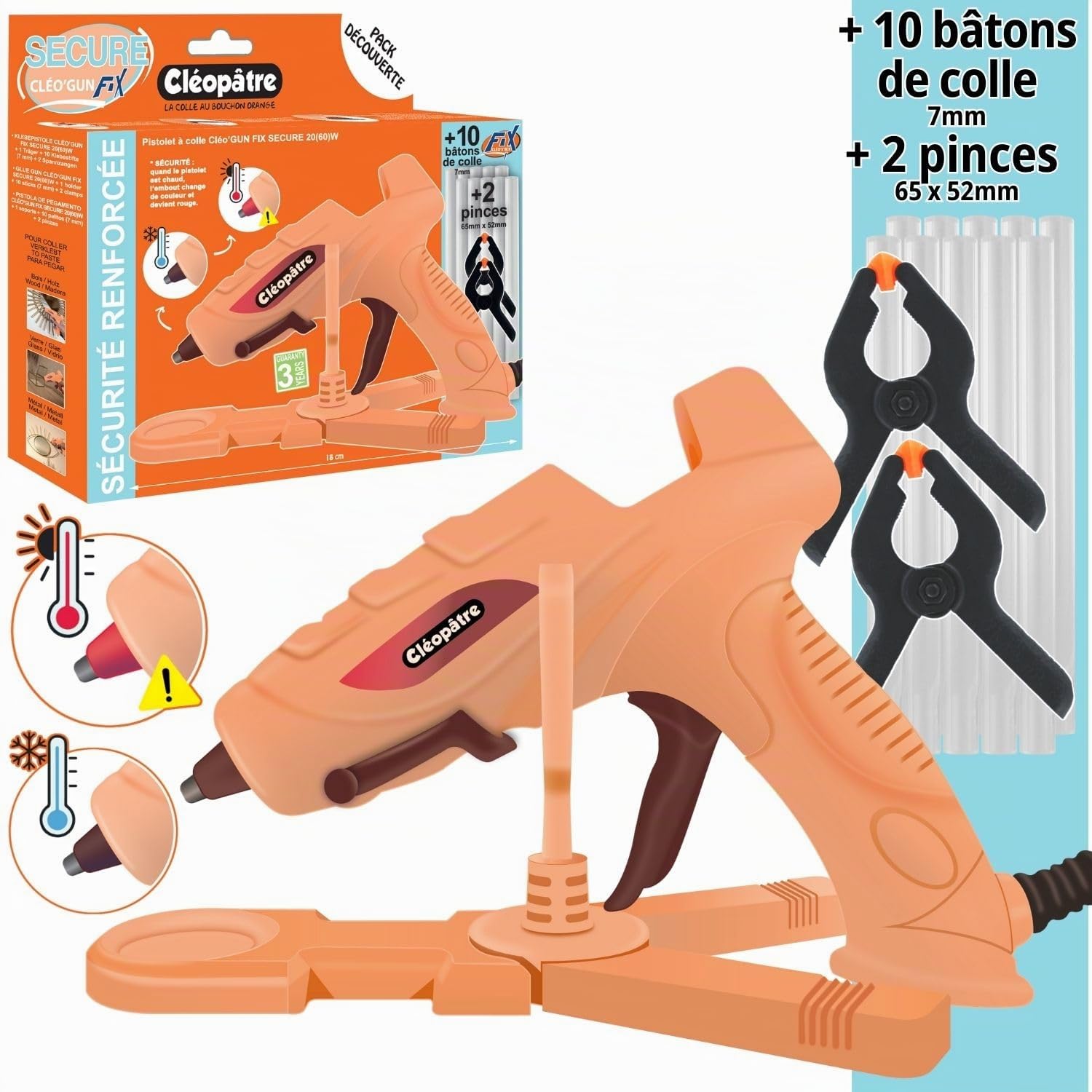 CLEOPATRE – Pistolet à Colle Chaude 20W – Sécurité avec Embout Indicateur de Température - Livré avec Base de Stabilité, 10 Bâtons de Colle 7mm, 2 Pinces