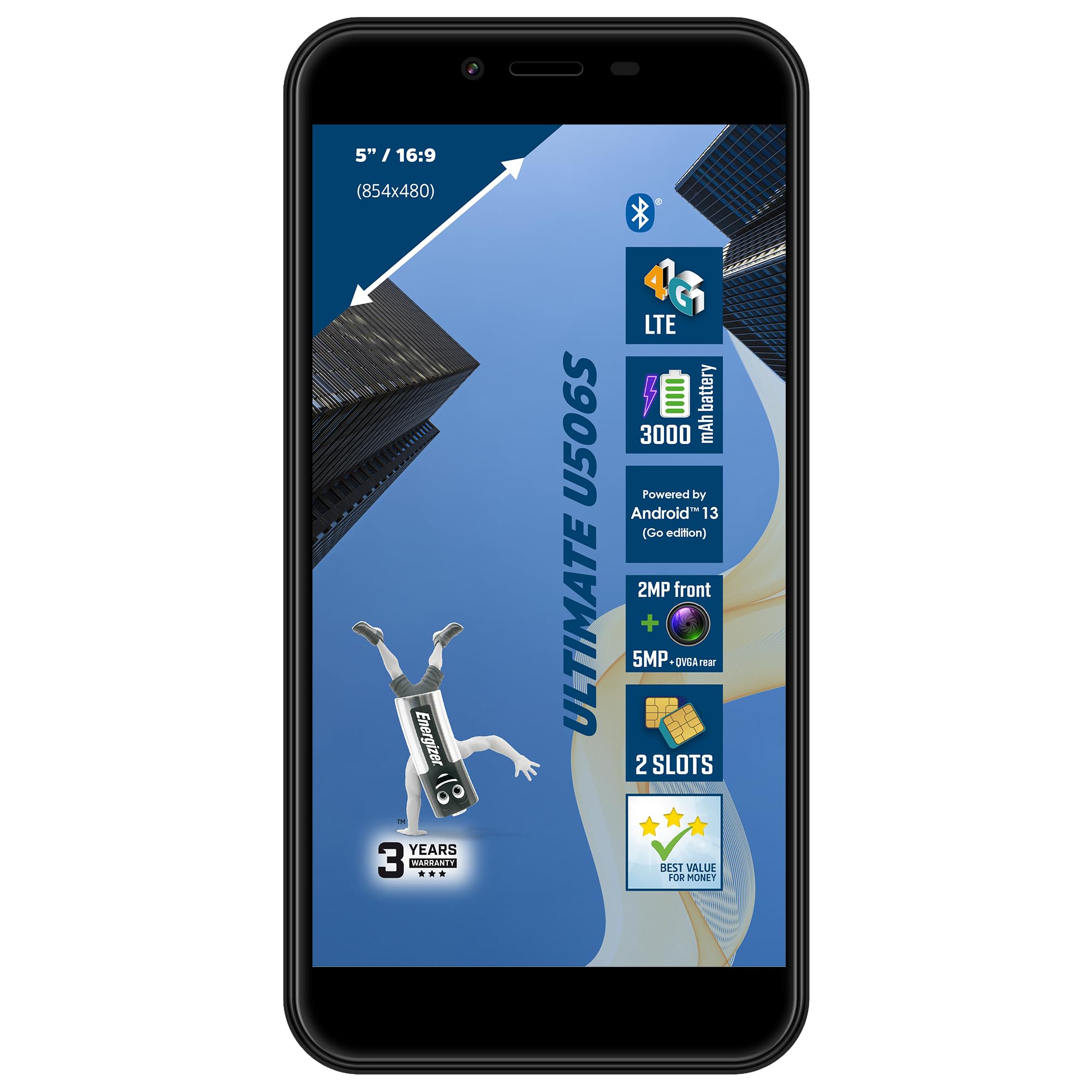 Energizer U506S smartfon (2 GB RAM, 32 GB ROM), wyświetlacz 5 cali, bateria 3000 mAh, aparat 5 MP+QVGA z tyłu/2 MP z przodu, Android 13 GB, kolor czarny