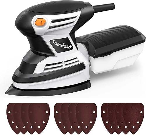 Towallmark Detail Sander 15,000 OPM Compact Detail Sanders for Woodworking with Dust Collector and 12Pcs Sandpapers, 1.7A Corner Sander for Tight