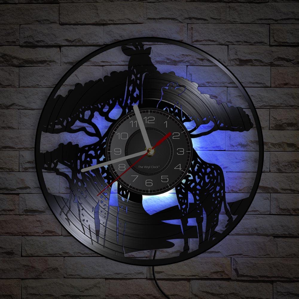 Smotly Seven Colors Vinyl Wall Clock With Led Night Light Function, African Giraffe Wall Clock, A Wall Clock Gift For Home Decor. (Seven Colors)
