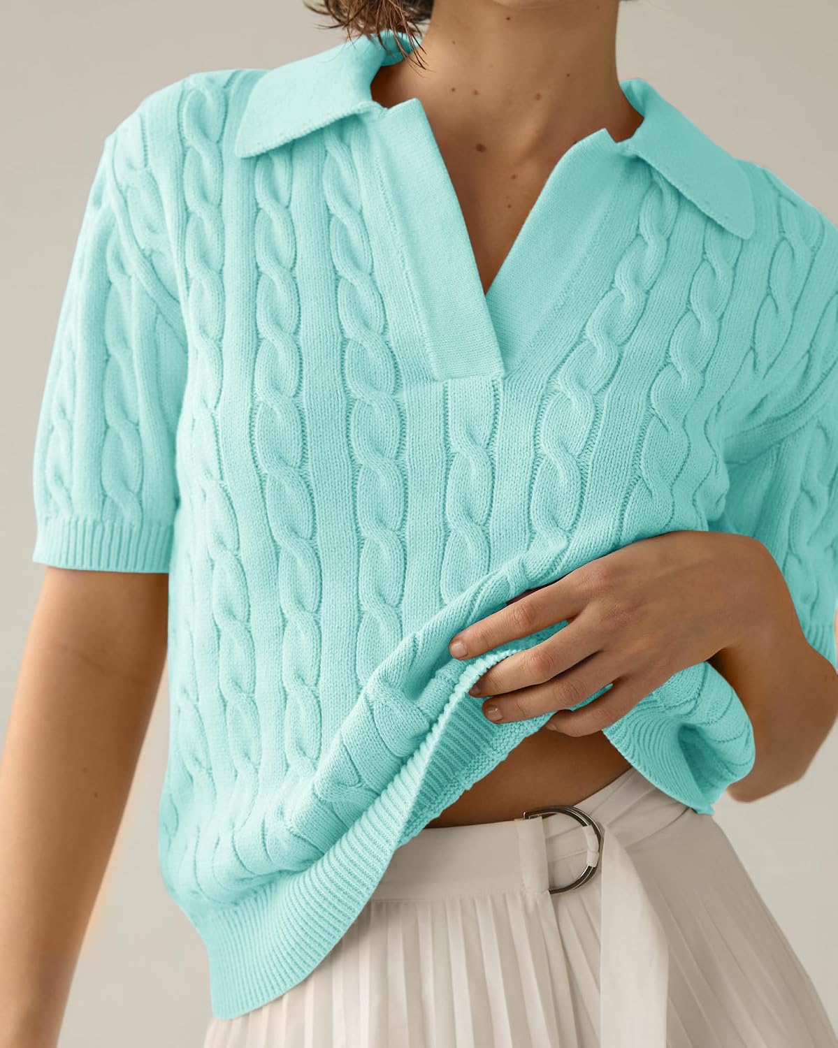  Womens Cable Short Sleeve Sweaters Tops Lapel V Neck Knit Shirt thumbnail
