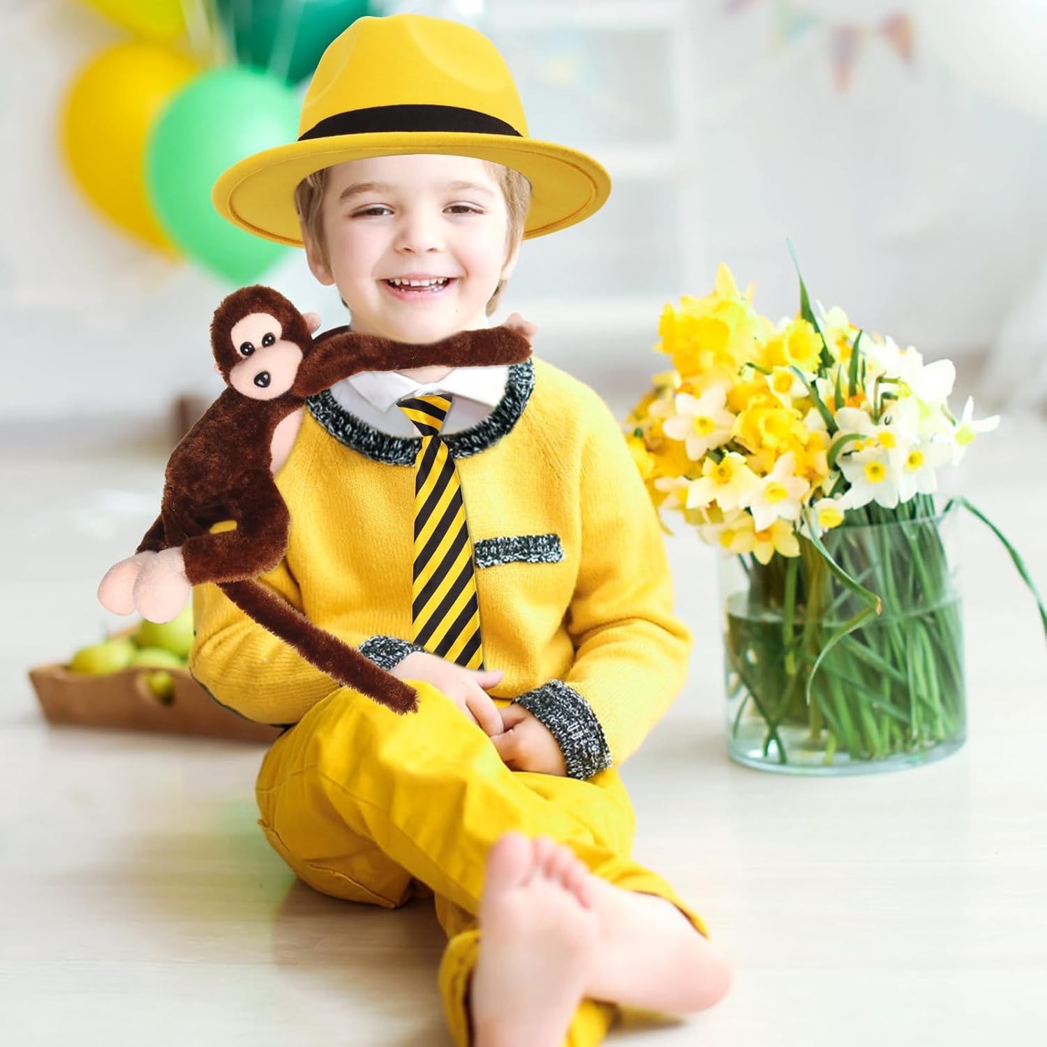 Yewong 3 Pieces Kids Yellow Hat Costume Accessories Set Fedora Hat with Hanging Monkey Necktie for Birthday Halloween Party