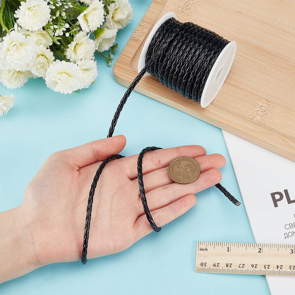 11Yards(10m) Black Cord 4mm Round Folded Bolo Imitation Leather Beading Cord Rope Leather String Cords for Handmade Craft Bracelet Making Necklace Clothing Decor Bolo Tie
