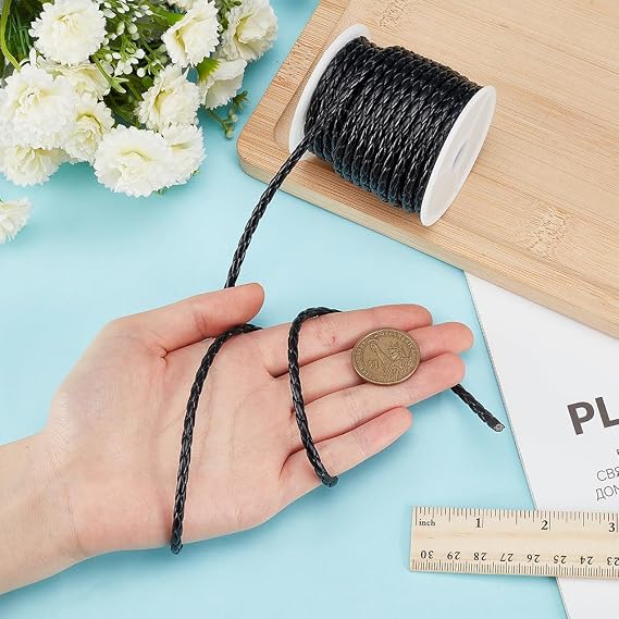 11Yards(10m) Black Cord 4mm Round Folded Bolo Imitation Leather Beading Cord Rope Leather String Cords for Handmade Craft Bracelet Making Necklace Clothing Decor Bolo Tie